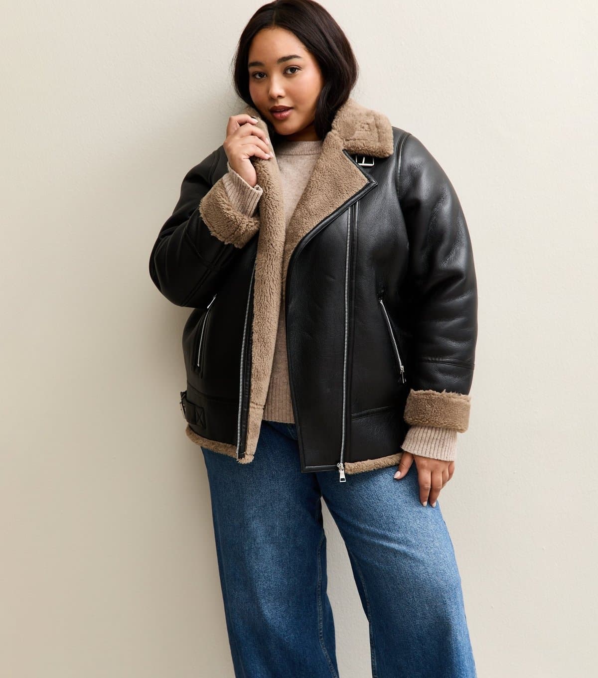 New Look Women's Plus Size Black Faux Fur Trim Aviator Jacket Curves New Look