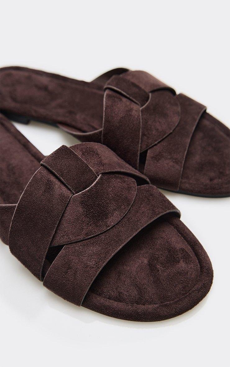 EGO Sabrina Woven Detail Flat Slider In Brown Faux Suede, Women's Size UK 3 - 2