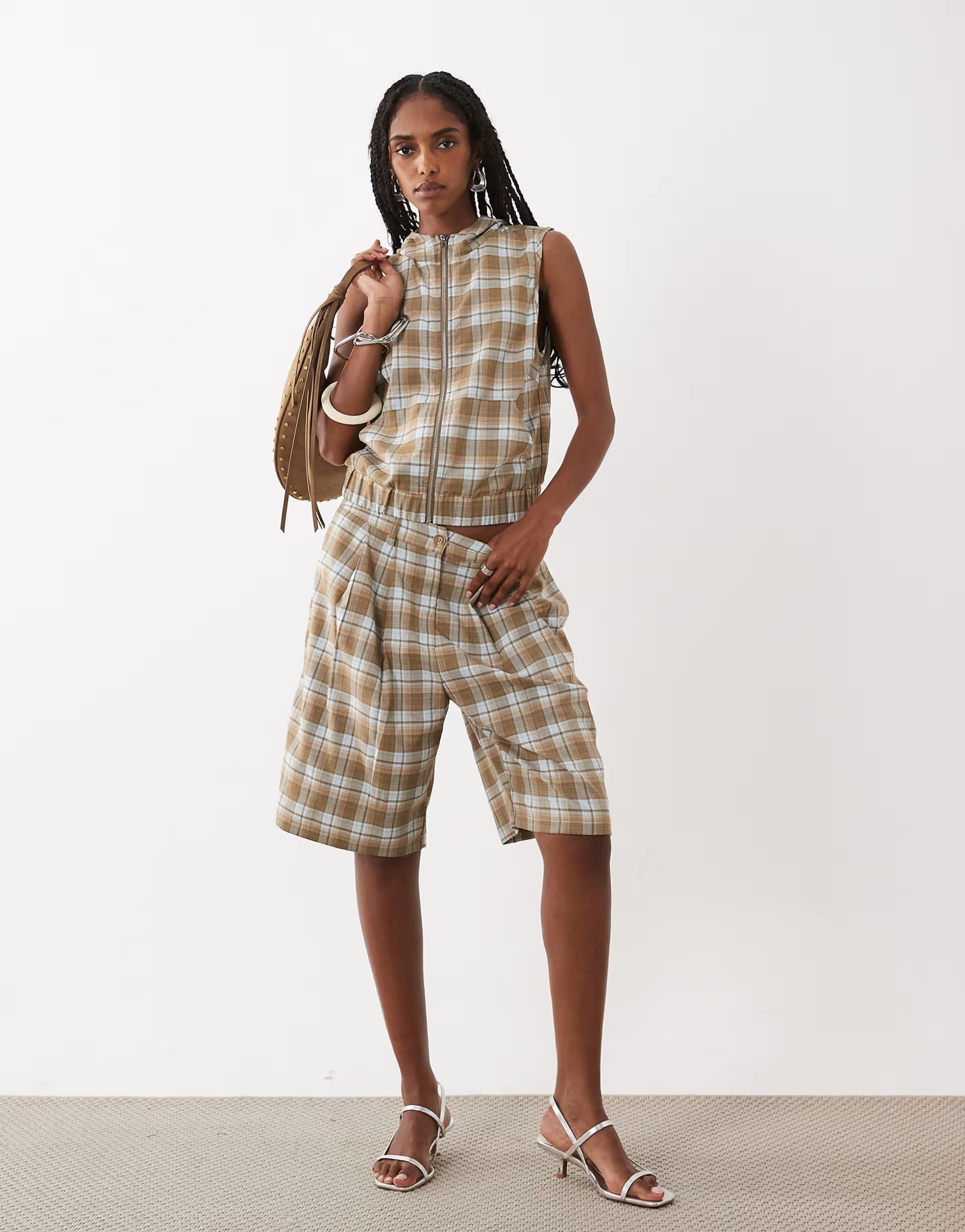 ASOS Motel Ashara check shorts in brown