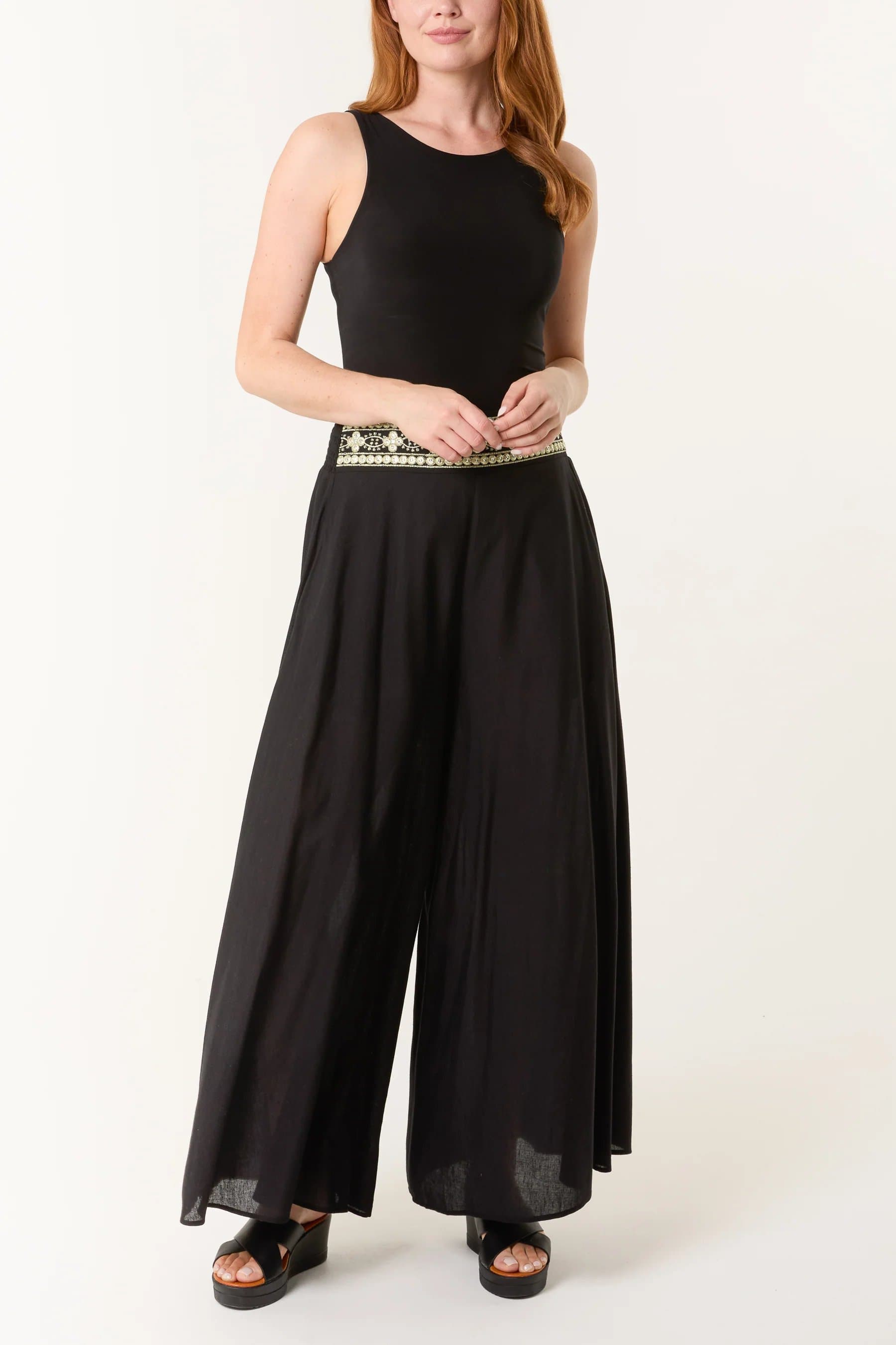 Blue Vanilla Wide Leg Embellished Linen Trousers