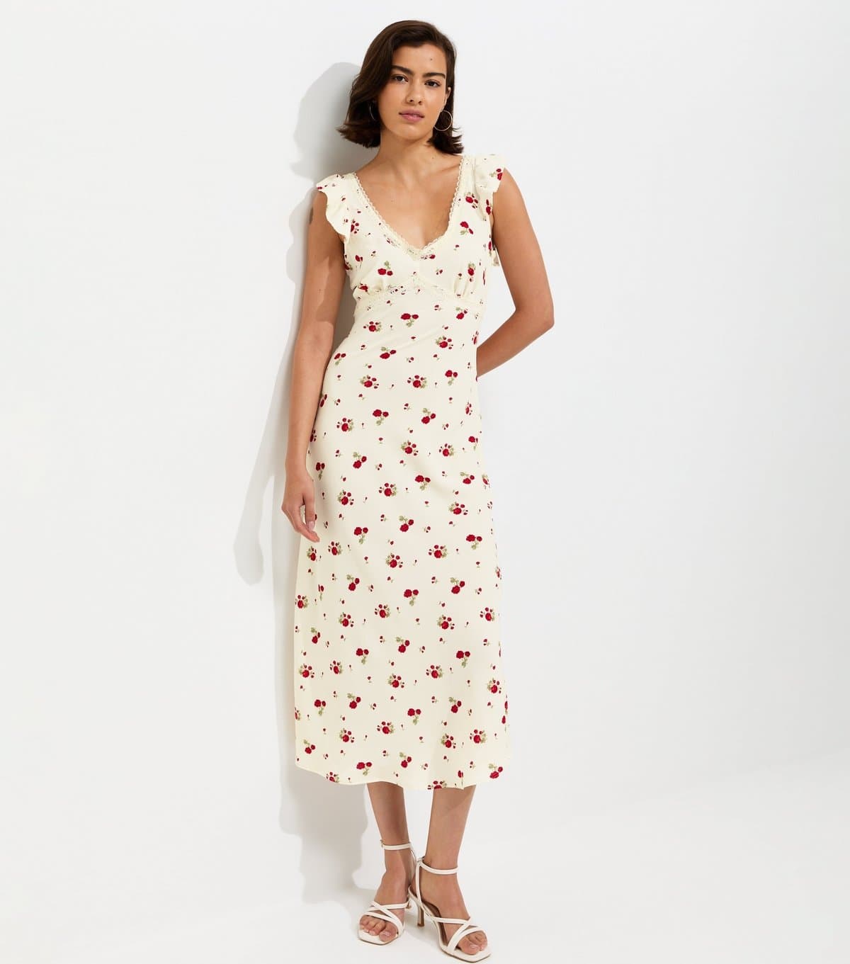 New Look Women's Cream Rose Print Lace Trim Tea Midi Dress New Look