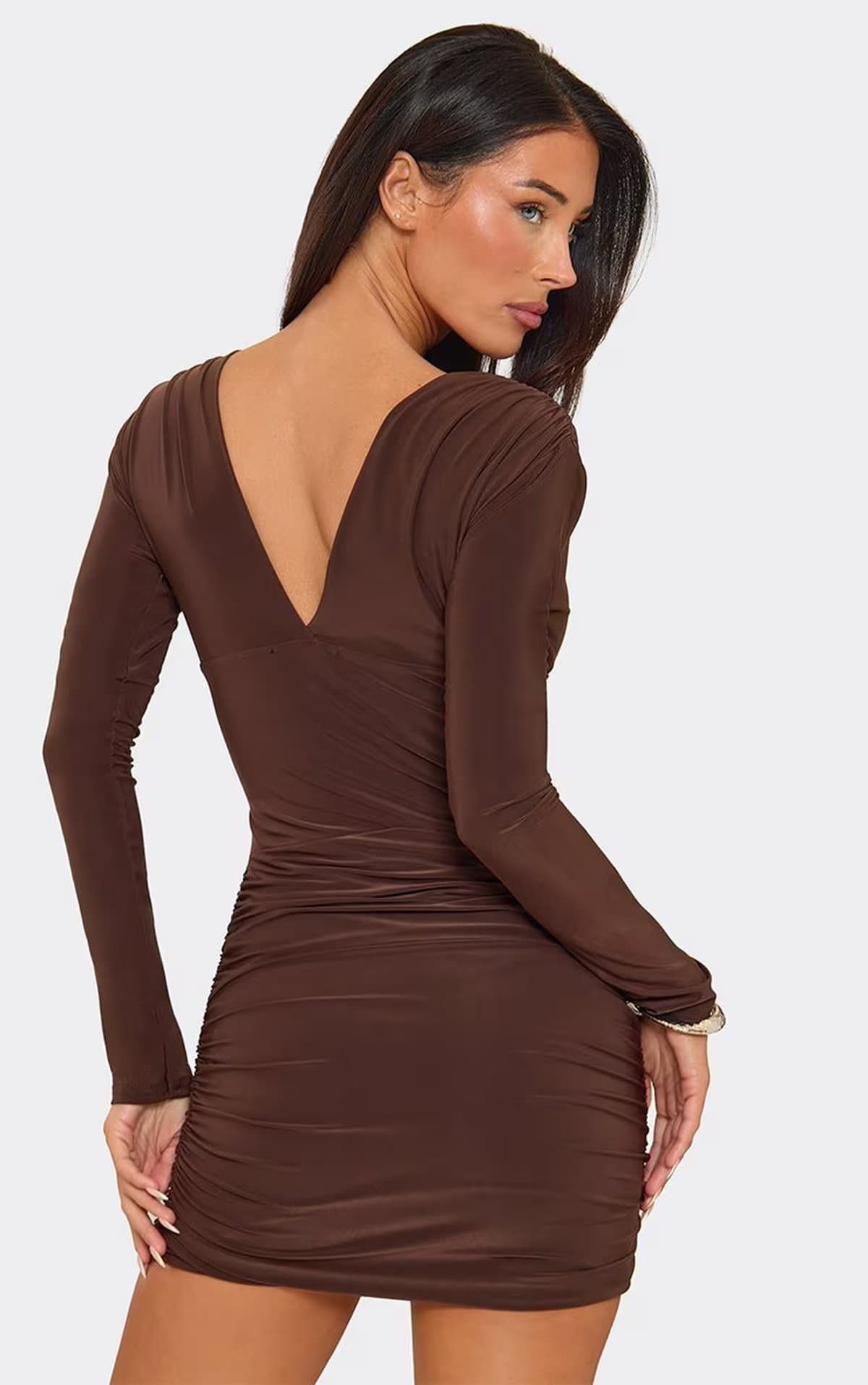 EGO Long Sleeve Corseted Mini Dress In Chocolate Brown Slinky, Women's Size UK 6
