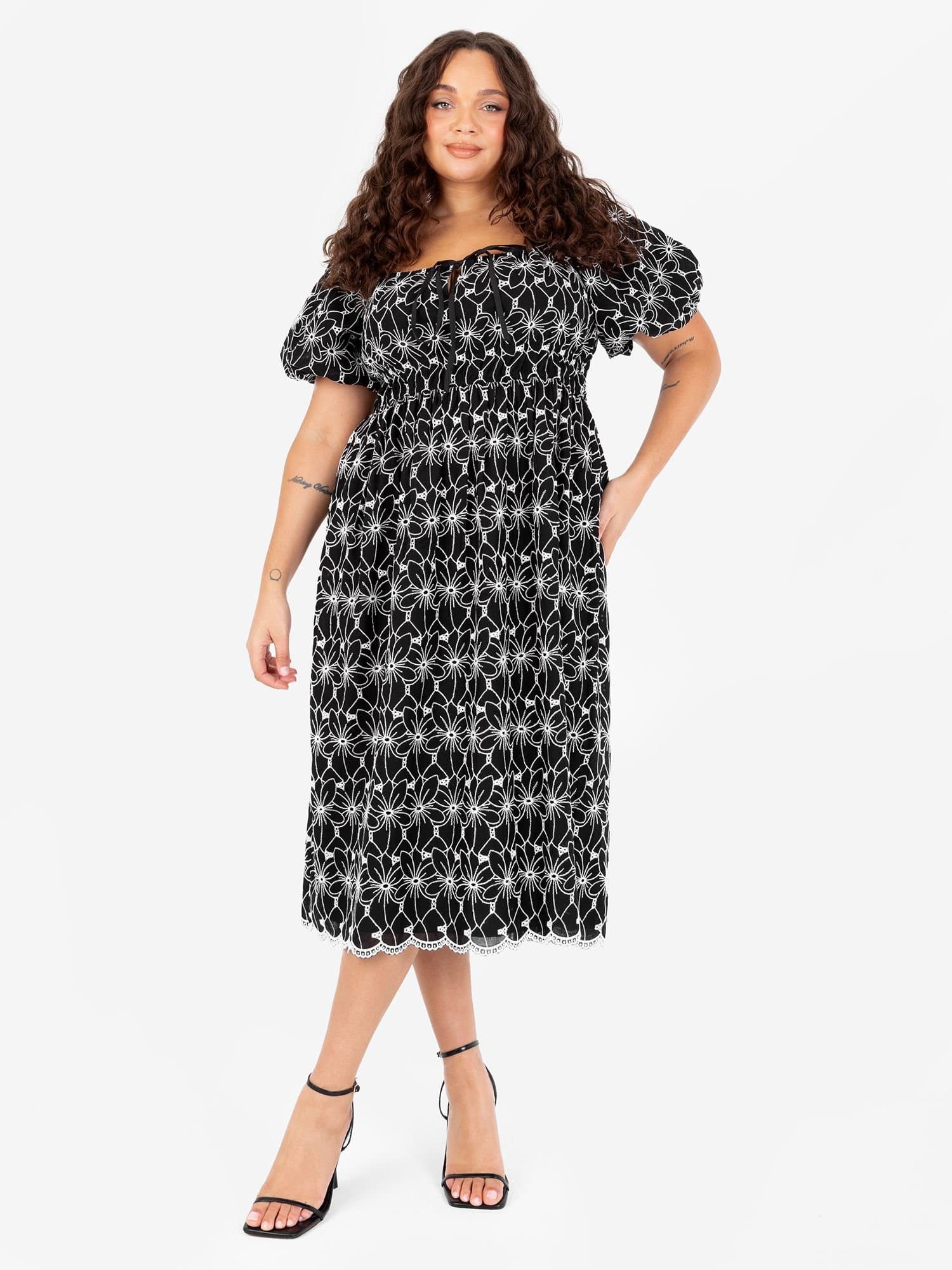 Lovedrobe Lovedrobe Women's Broderie Square Neck Midi Dress in Black