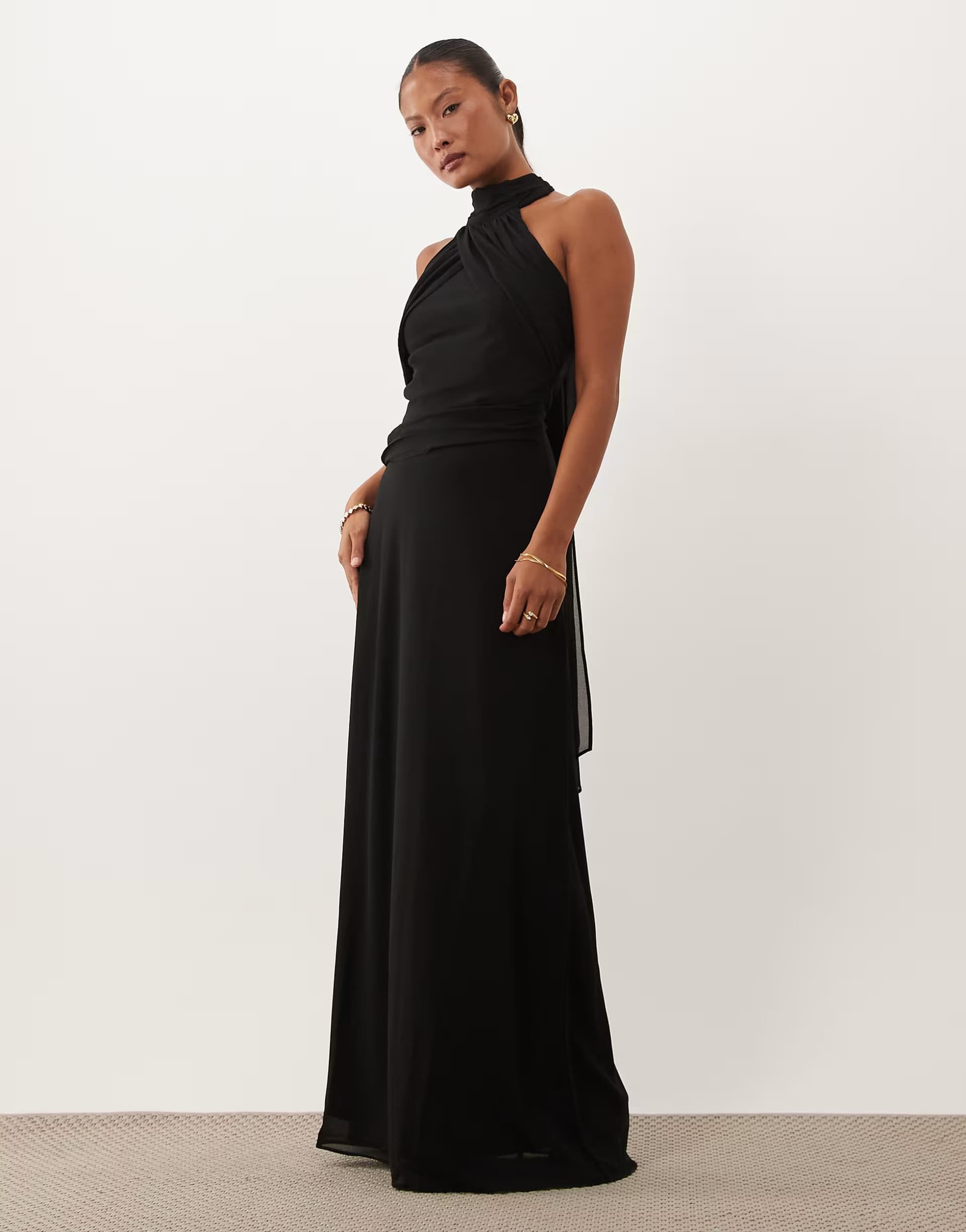 ASOS TFNC Bridesmaid Petite chiffon halter neck drape maxi dress in black