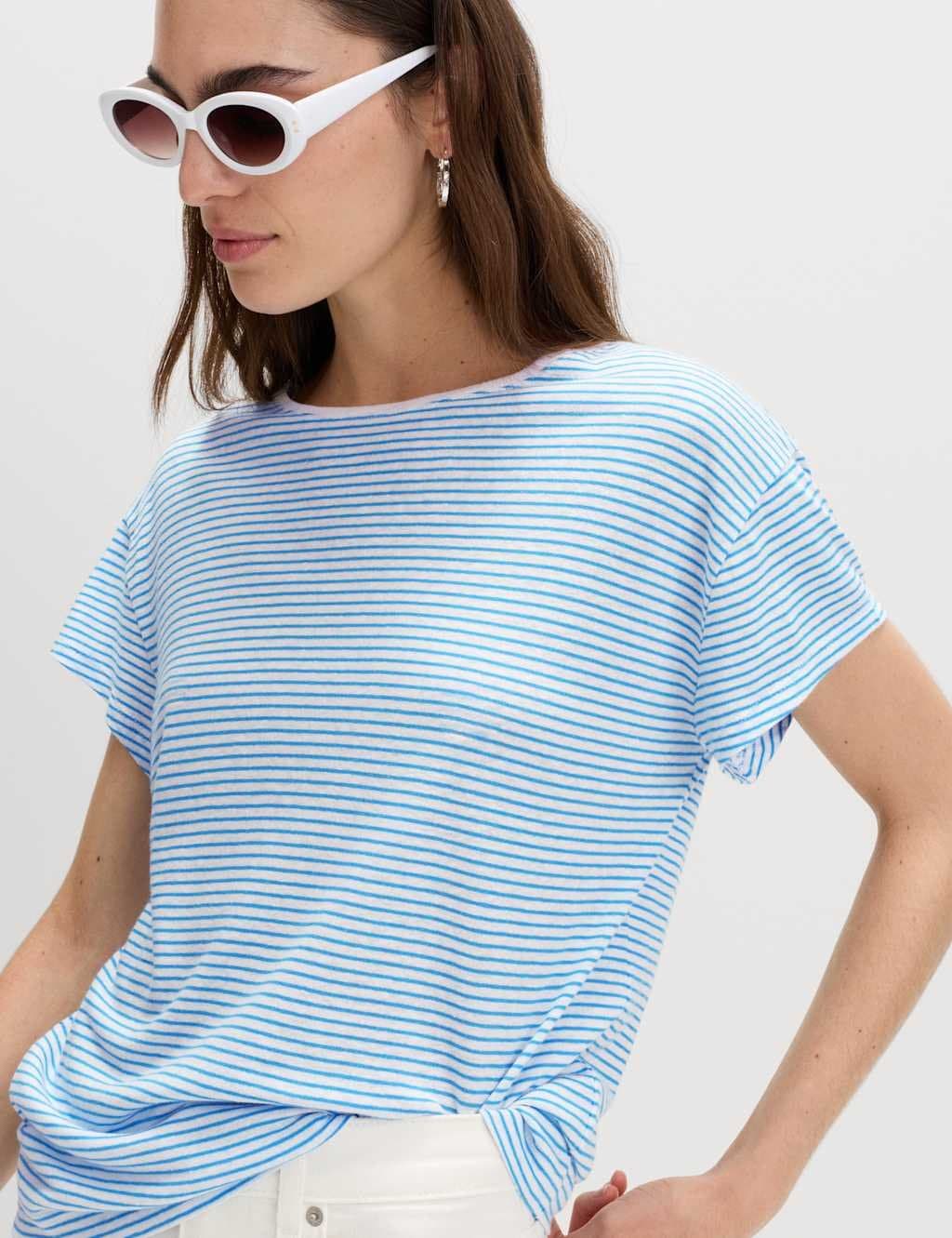 Marks & Spencer M&S Blue Striped Linen Blend T-Shirt