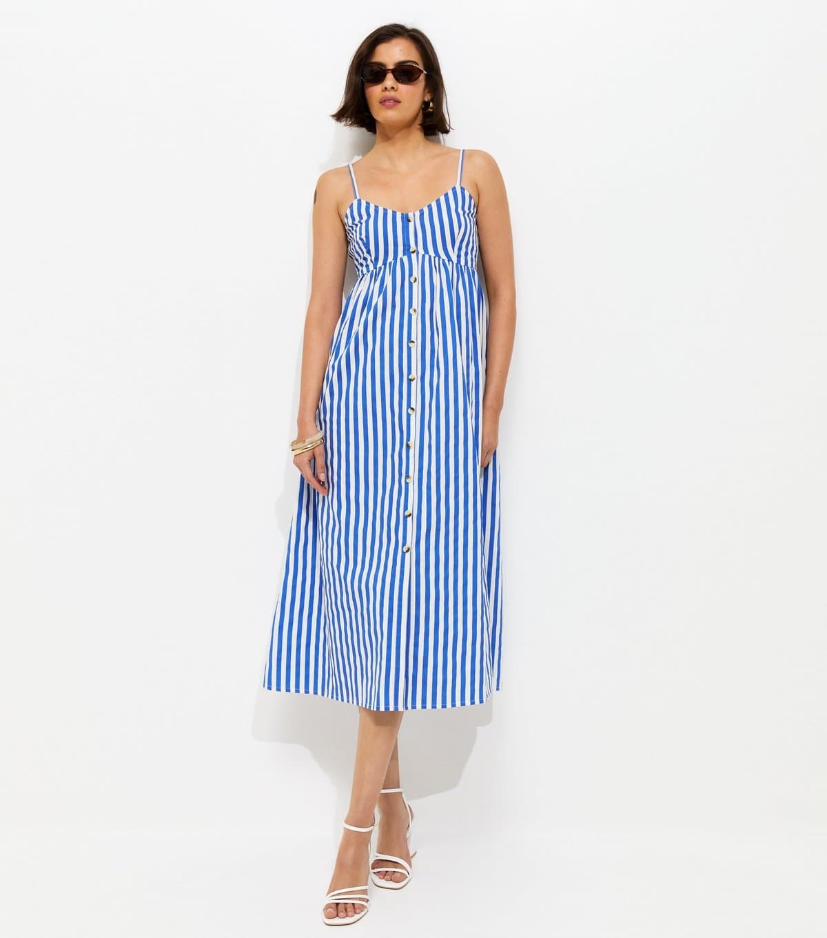 New Look Women's Blue Striped Button Front V-Neck Cami Midi Dress New Look