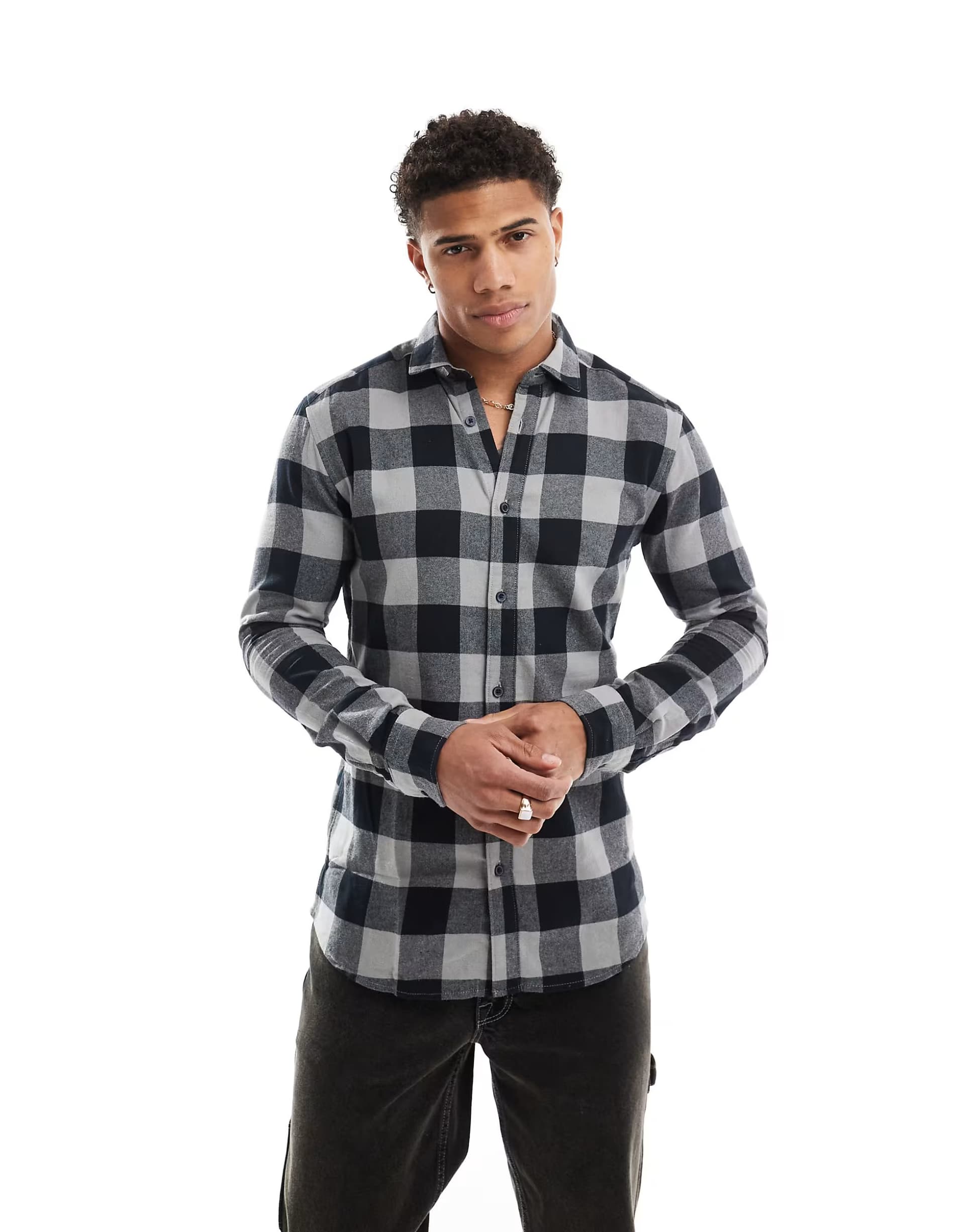 ASOS ONLY & SONS buffalo check shirt in grey and black