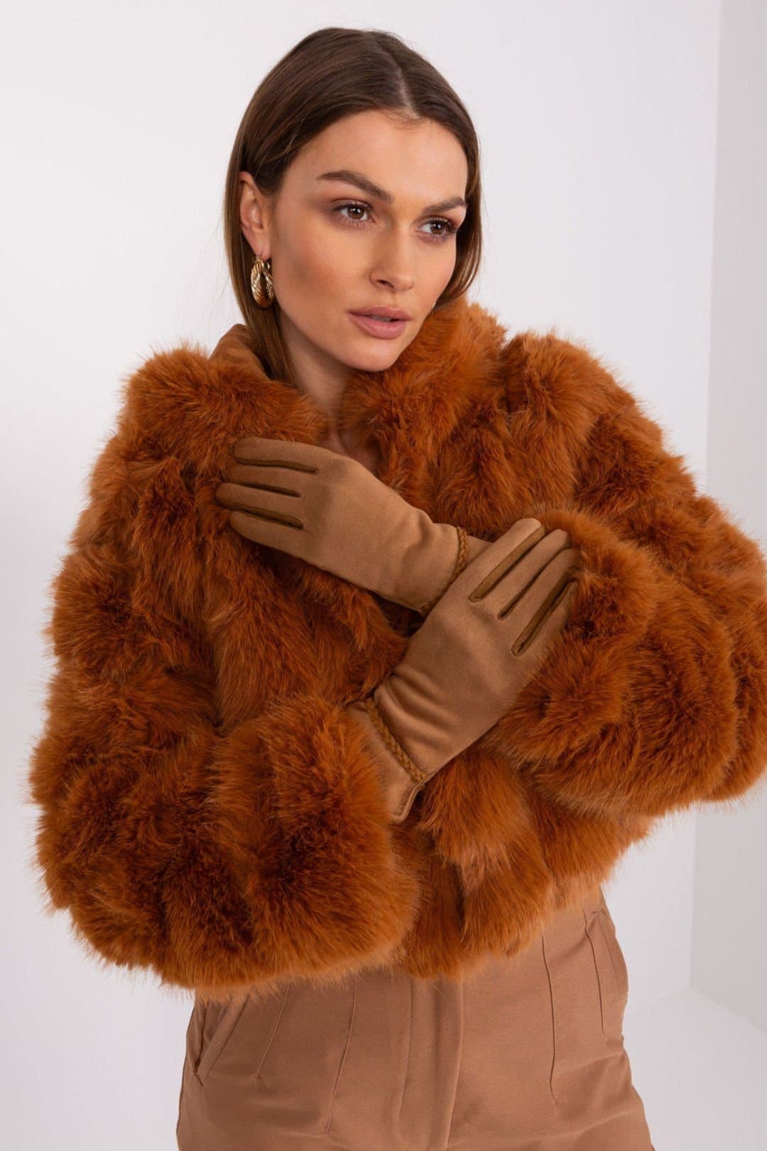 Love Lace Love Lace Women's Elegant Touchscreen Gloves Smooth Fabric Contrasting Inserts in Brown