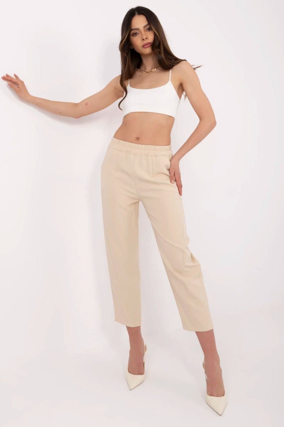 Love Lace Love Lace Beige Polyester Cigarette Trousers with High Waist