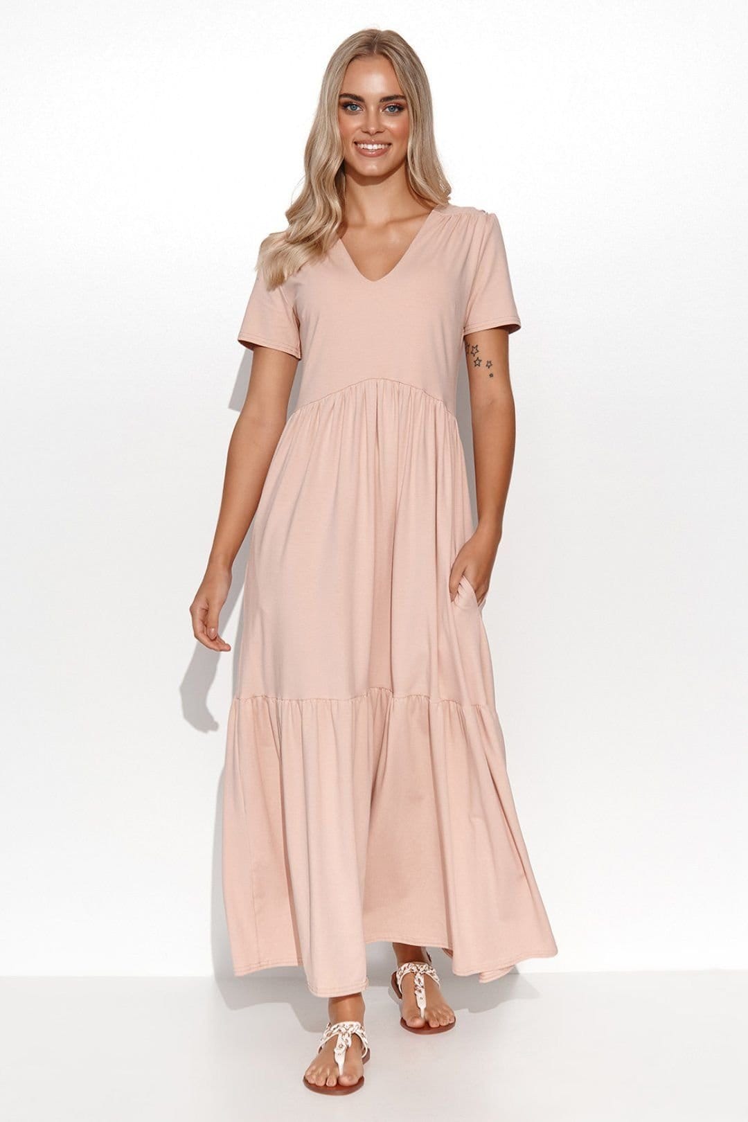 Love Lace Love Lace Women's Maxi Knit Dress with V Neck Ruffles in Pink - 1
