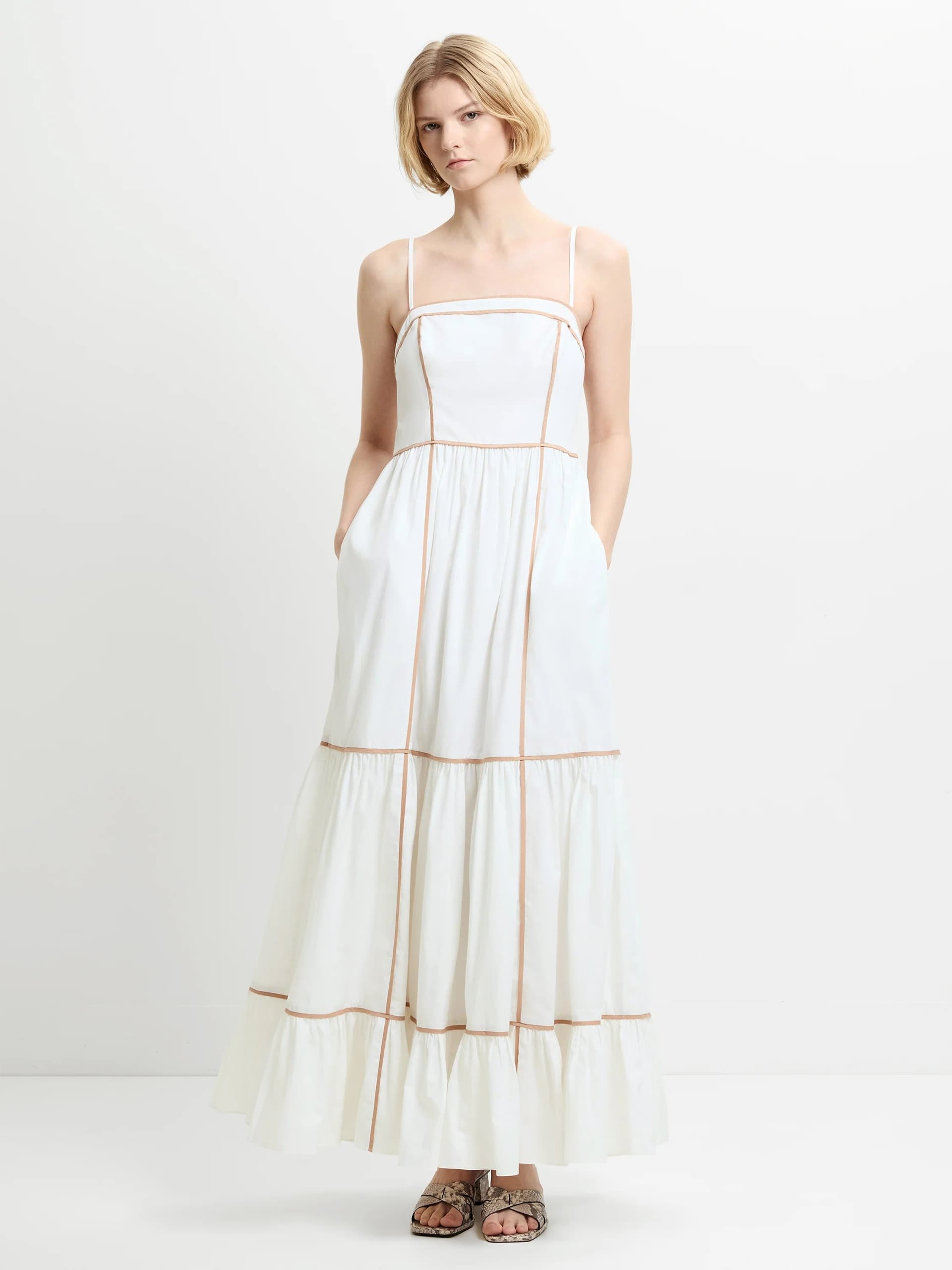 French Connection Cambria Cotton Contrast Trim White Maxi Dress Summer White / Brown