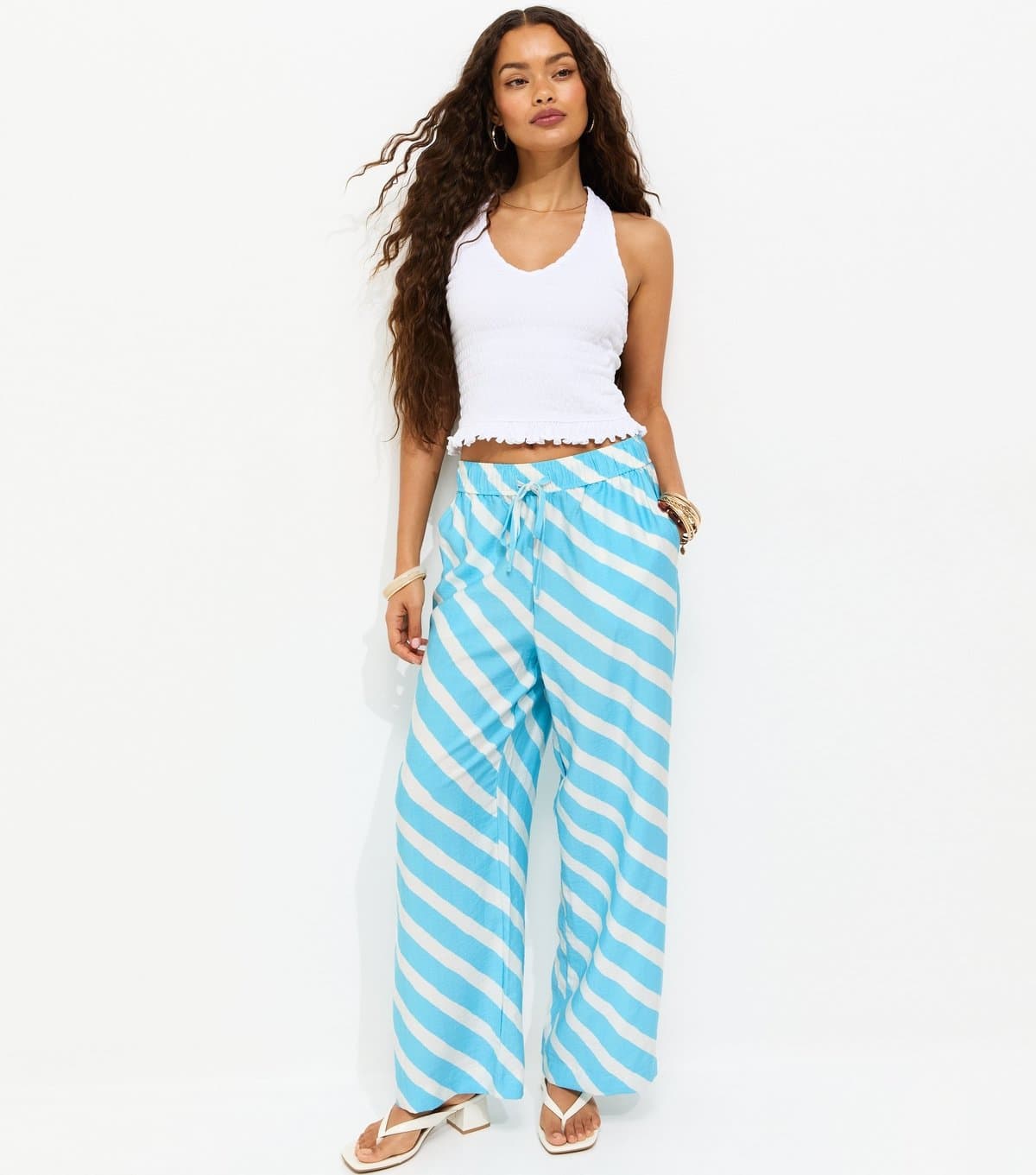 New Look Women's Petite Blue Diagonal Stripe Wide Leg Trousers New Look