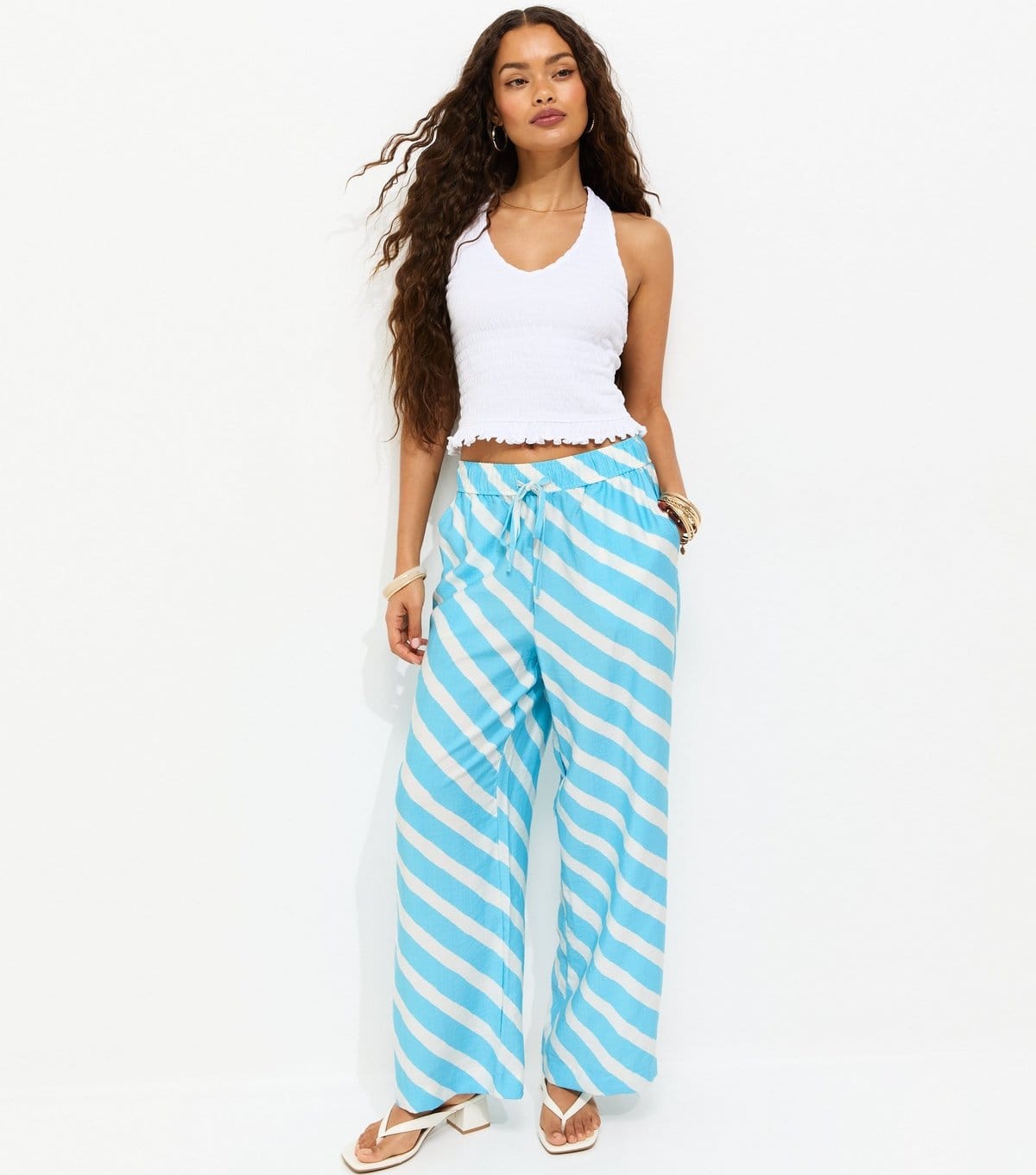 New Look Blue & White Diagonal Stripe Wide Leg Trousers