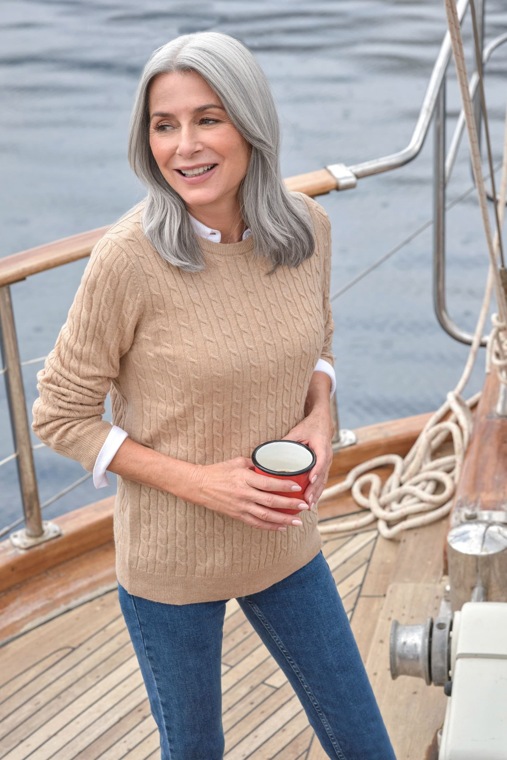 WoolOvers WoolOvers Women's Cashmere Merino Cable Crew Neck Jumper in Camel