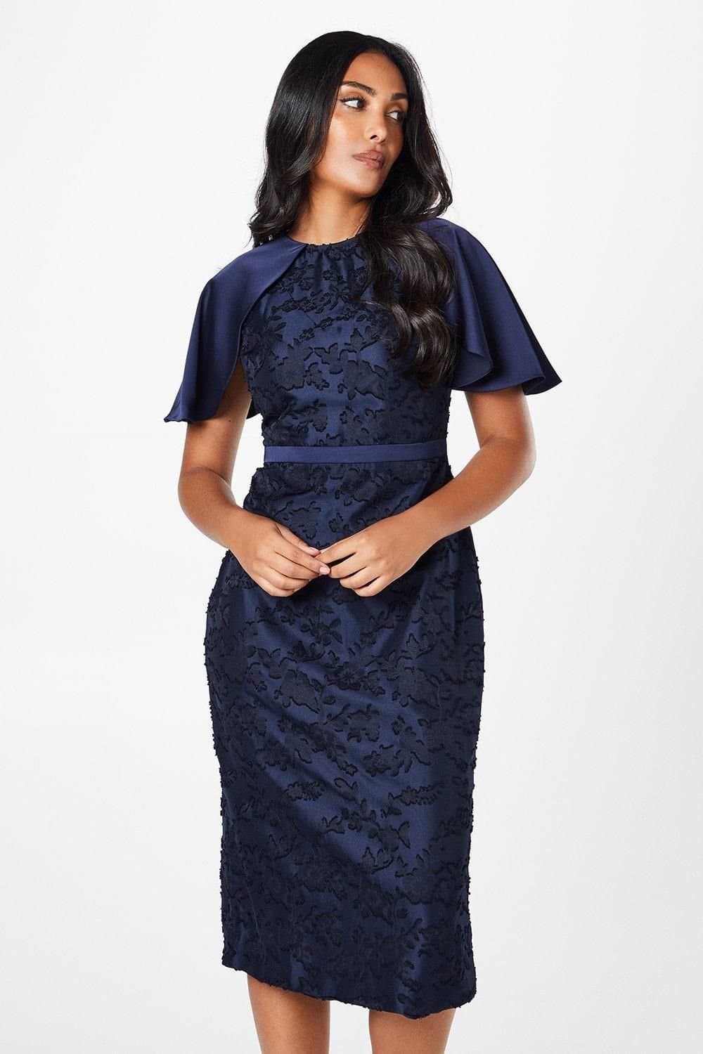 Wallis Wallis Women's Petite Occasion Floral Cap Sleeve Pencil Dress in Navy