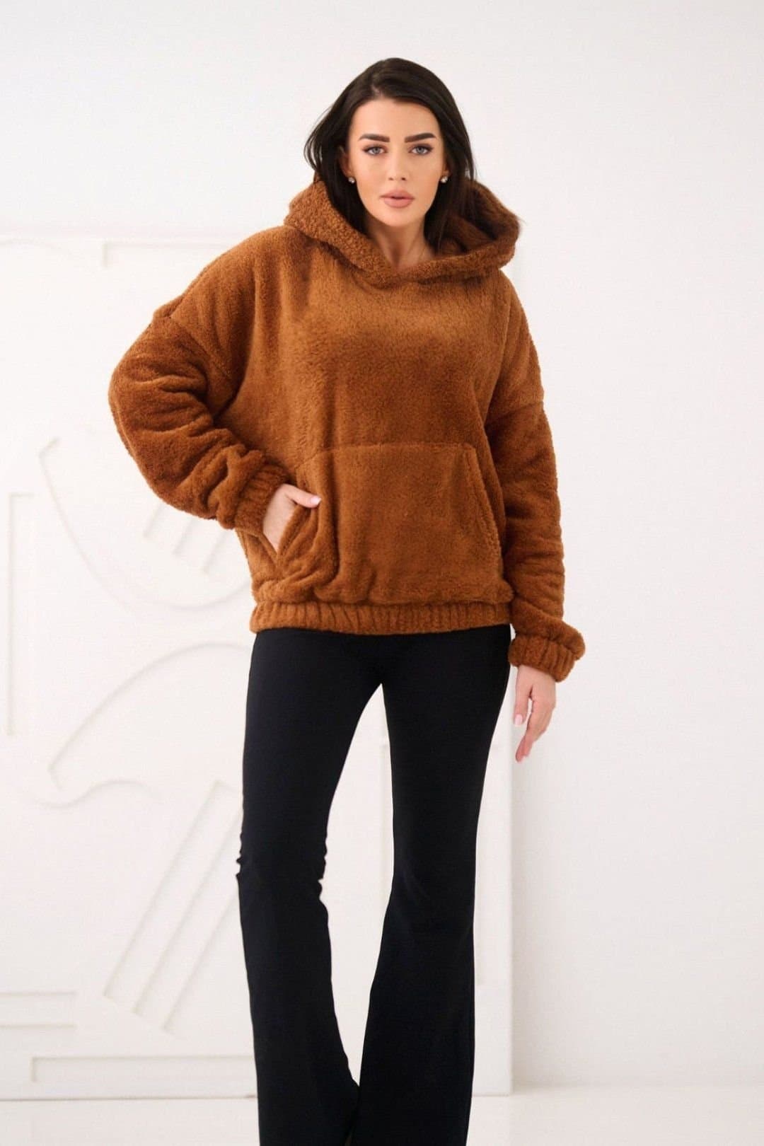 Love Lace Love Lace Women's Casual Hooded Sweatshirt Teddy Bear Pocket in Brown