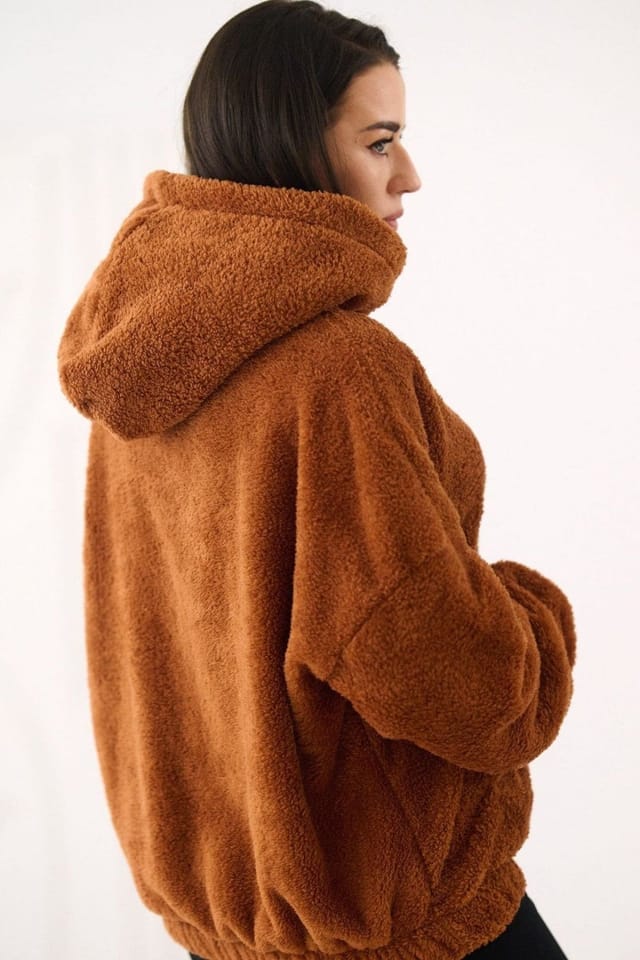 Love Lace Love Lace Women's Casual Hooded Sweatshirt Teddy Bear Pocket in Brown - 2
