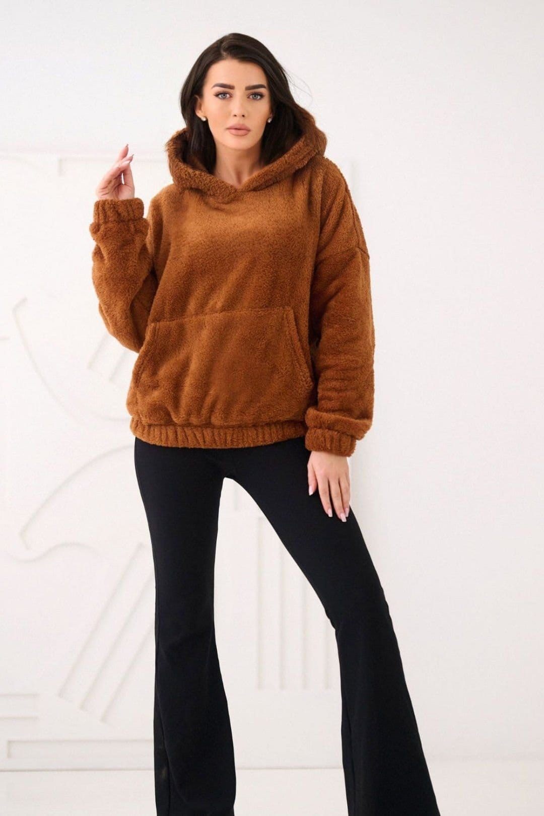 Love Lace Love Lace Women's Casual Hooded Sweatshirt Teddy Bear Pocket in Brown - 4