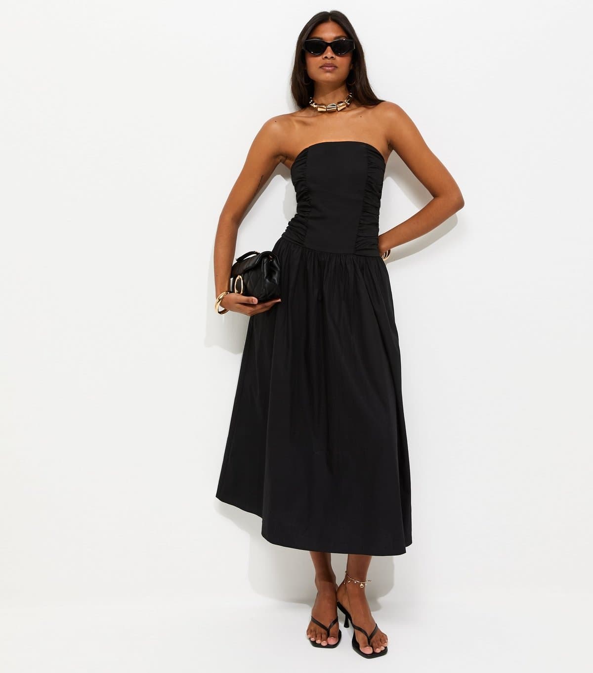 New Look Women's Black Cotton Ruched Bandeau Midi Dress New Look