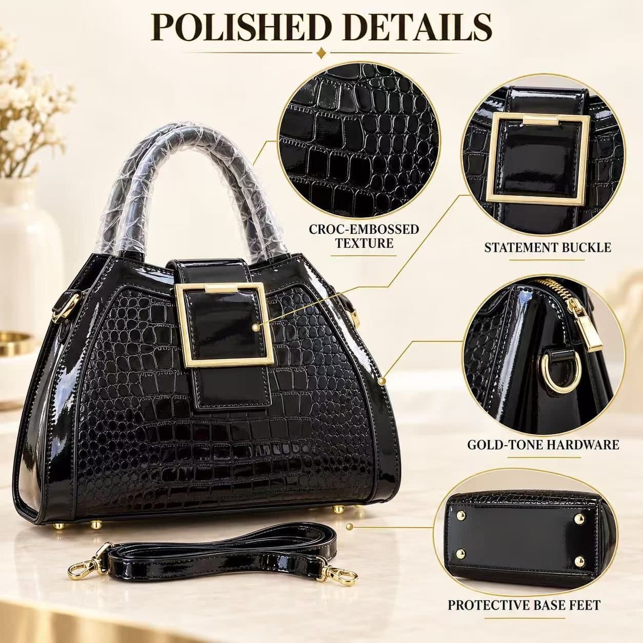 Chrisbella London Chrisbella London Women's CHRISBELLA Croc-Embossed Handbag with Statement Buckle & Strap in Black