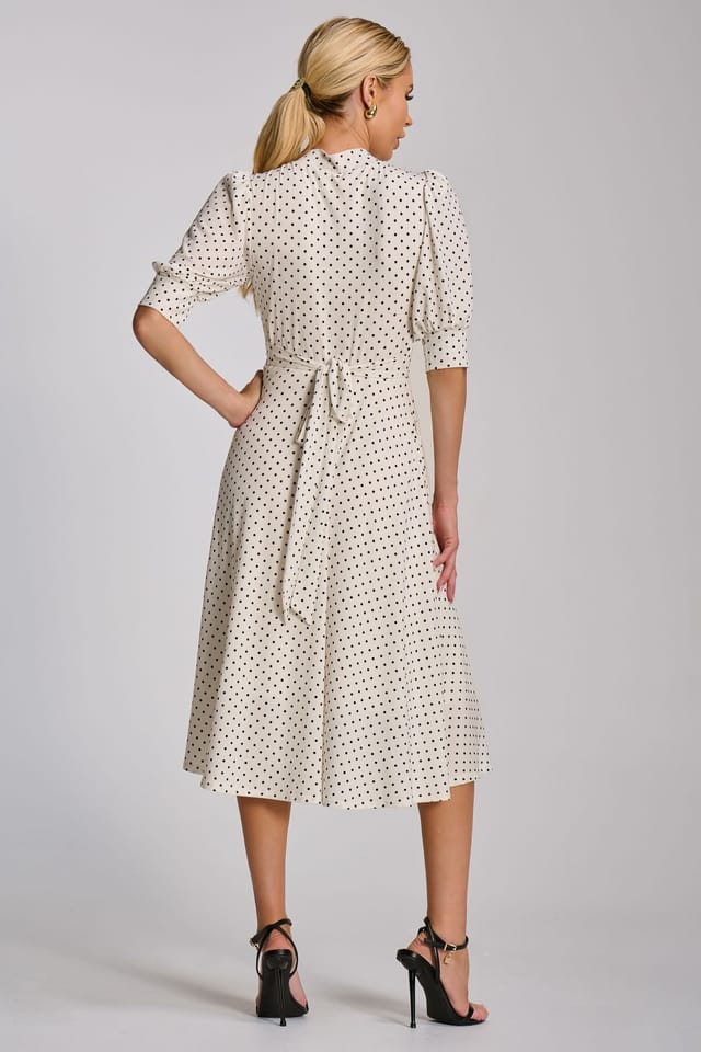 Jolie Moi Jolie Moi Women's Tie Neck Puffy Sleeve Jersey Midi Dress in Off-White - 2