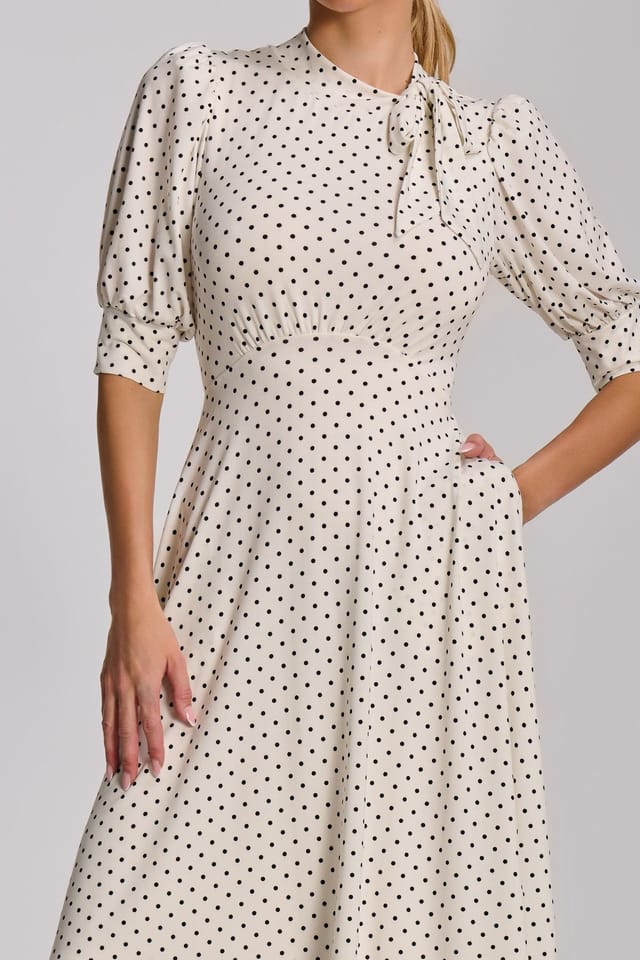 Jolie Moi Jolie Moi Women's Tie Neck Puffy Sleeve Jersey Midi Dress in Off-White - 3