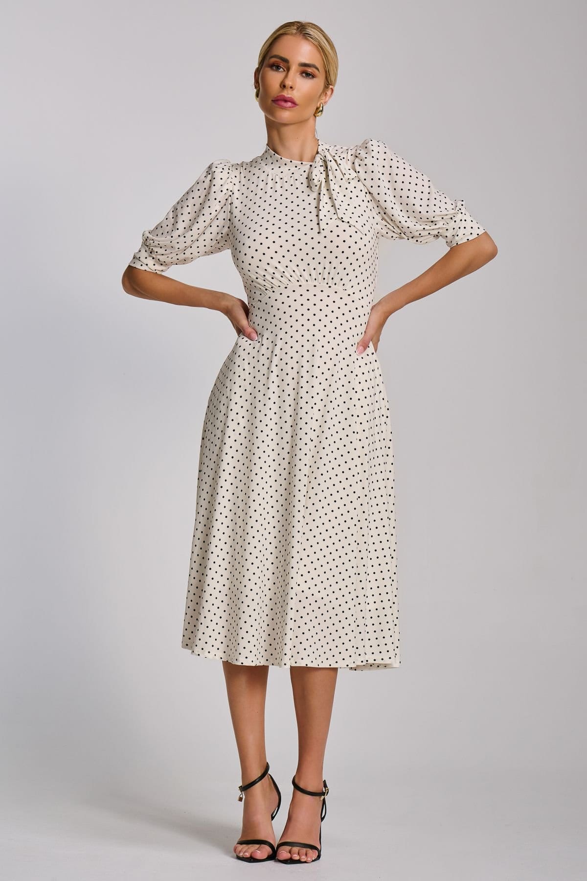 Jolie Moi Jolie Moi Women's Tie Neck Puffy Sleeve Jersey Midi Dress in Off-White - 4