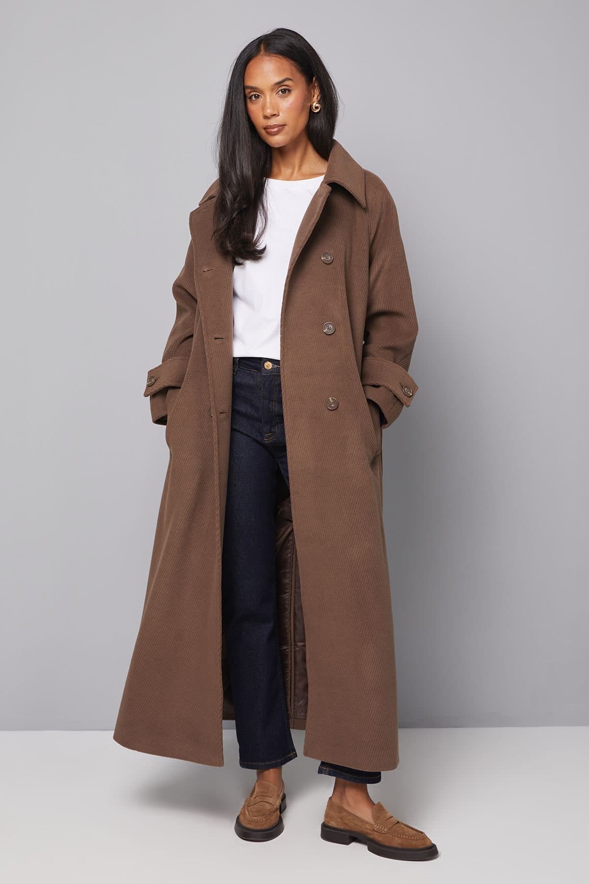 Wallis Wallis Women's Maxi Double Breasted Car Coat in Chocolate