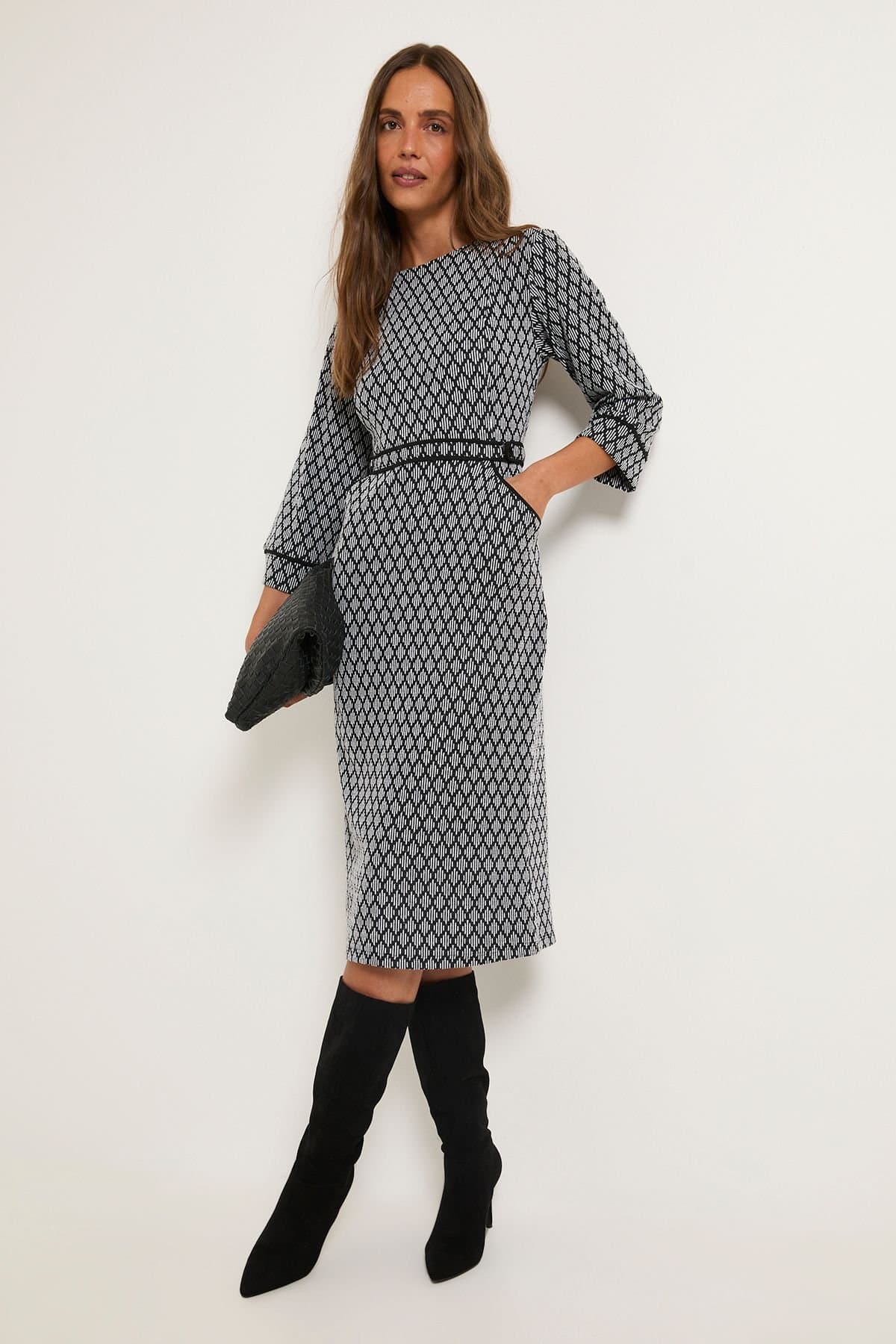 Wallis Wallis Women's Geo Ponte Belted Piping Detail Midi Dress in Black