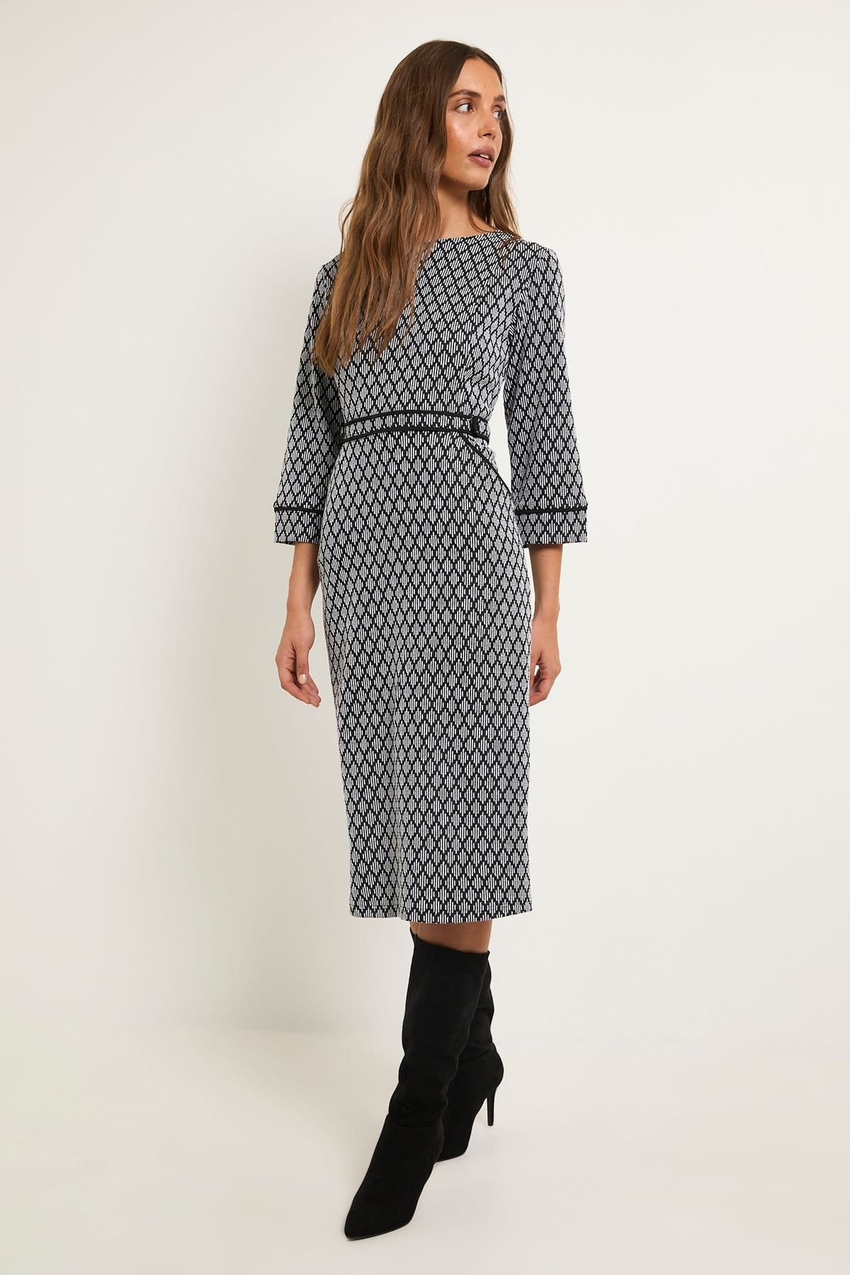 Wallis Wallis Women's Geo Ponte Belted Piping Detail Midi Dress in Black - 4