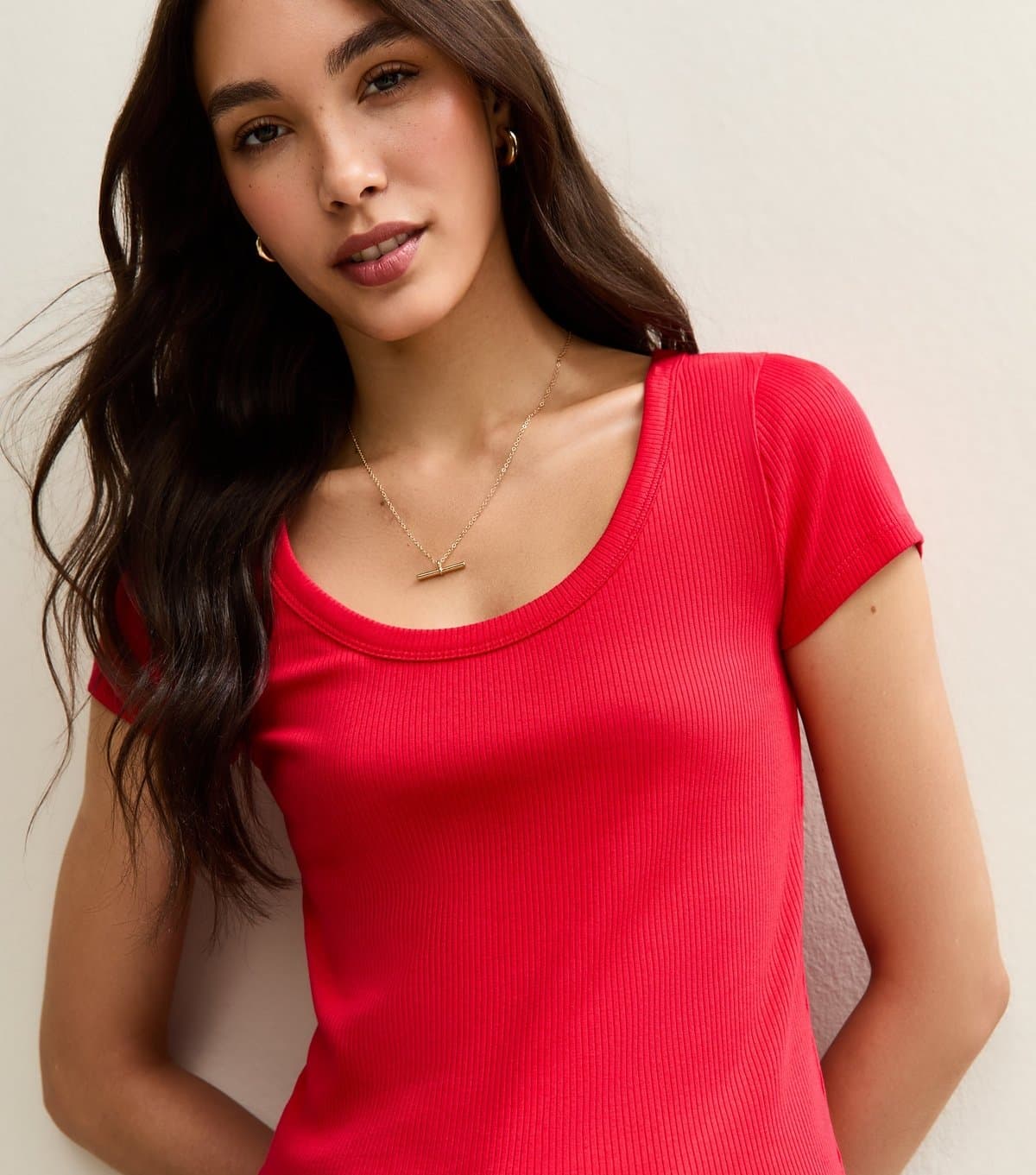 New Look Women's Red Ribbed Scoop Neck T-Shirt New Look
