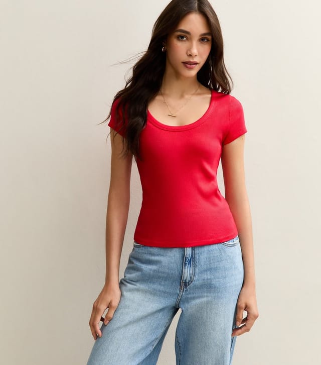 New Look Women's Red Ribbed Scoop Neck T-Shirt New Look - 2