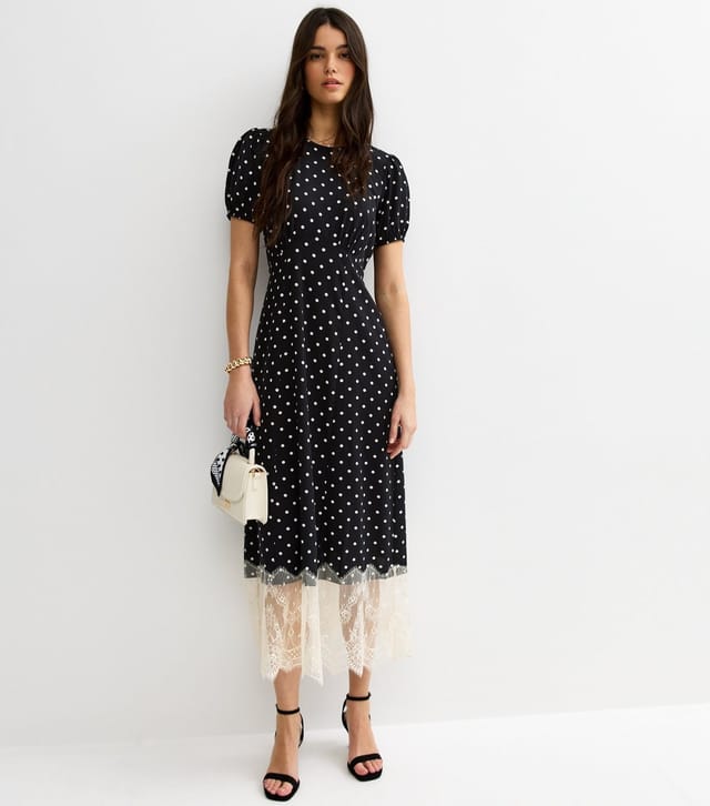 New Look Women's Black Spot Print Lace Trim Midi Dress New Look - 2