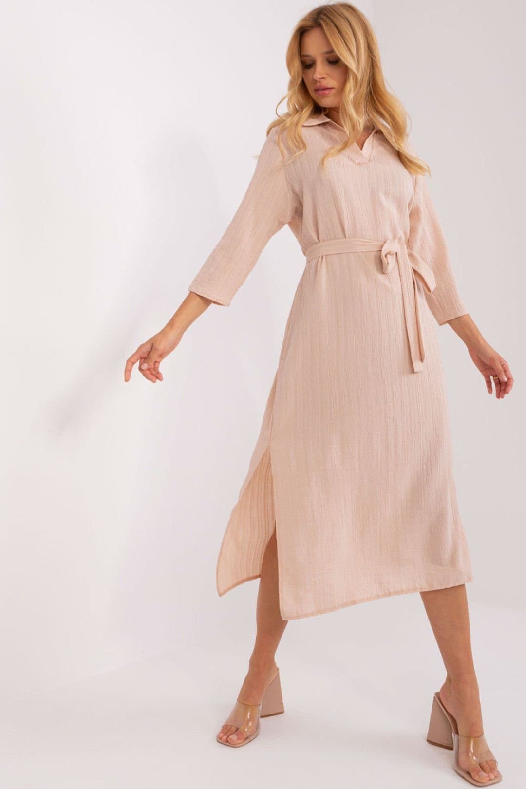 Love Lace Love Lace Women's Everyday Straight Cut Dress with Waist Tie in Beige