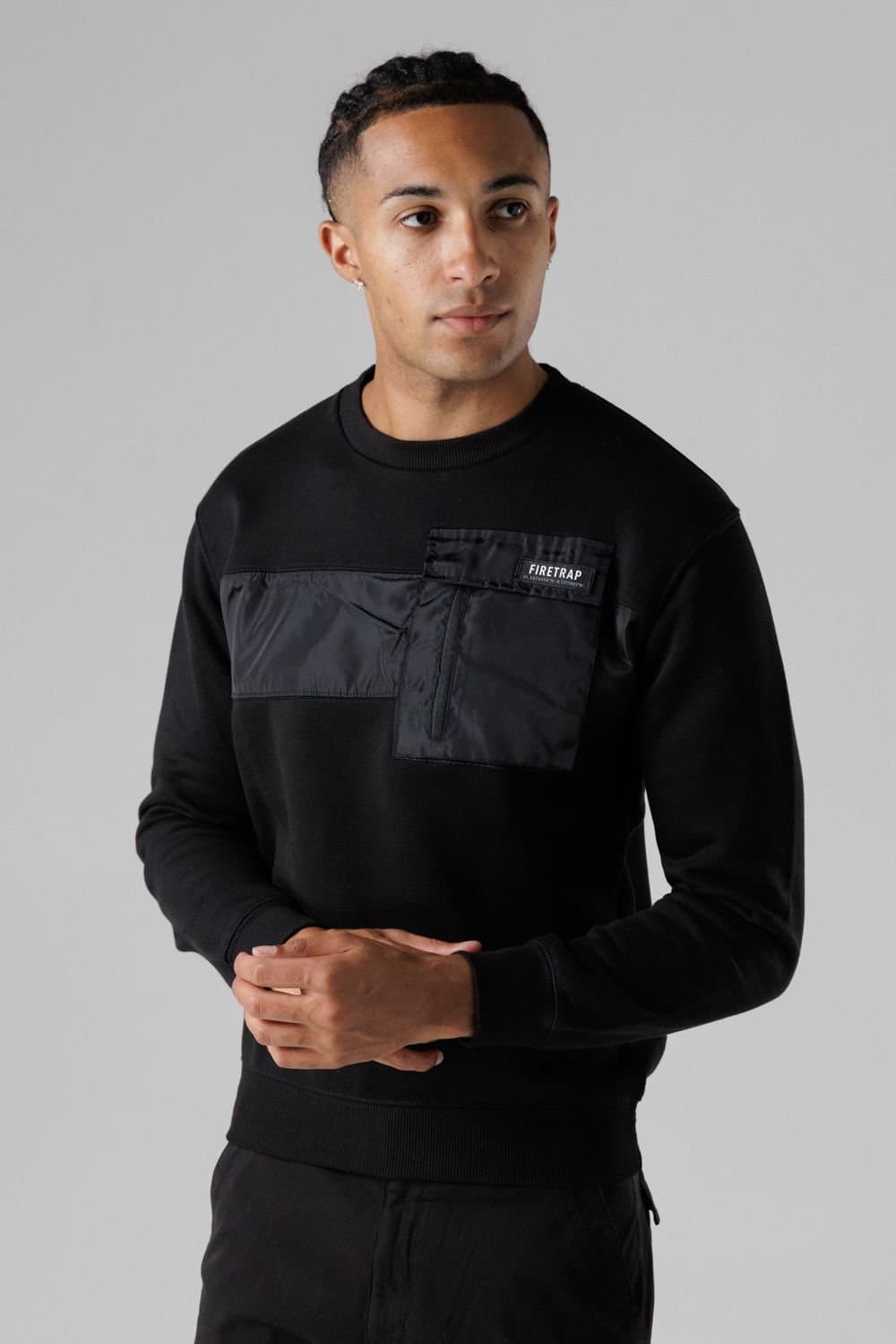 Firetrap Firetrap Men's Regular Fit Cotton Rich Crew Neck Sweatshirt with Chest Pocket in Black