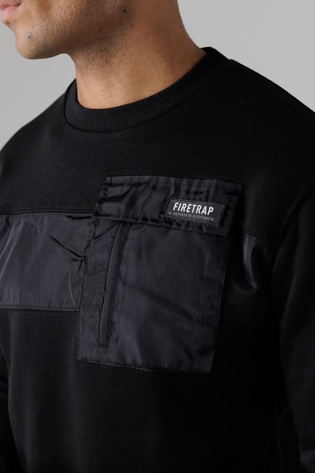 Firetrap Firetrap Men's Regular Fit Cotton Rich Crew Neck Sweatshirt with Chest Pocket in Black - 3