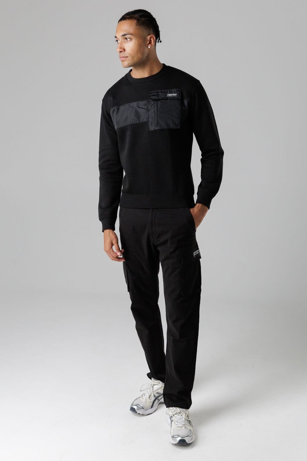 Firetrap Firetrap Men's Regular Fit Cotton Rich Crew Neck Sweatshirt with Chest Pocket in Black - 4