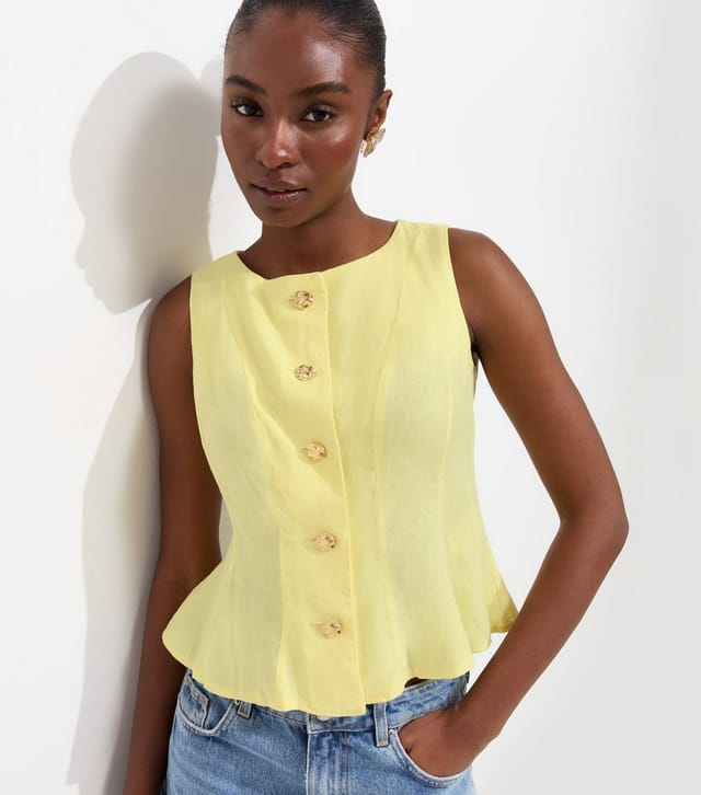 New Look Women's Light Yellow Linen Rich Gold Tone Button Waistcoat New Look - 2