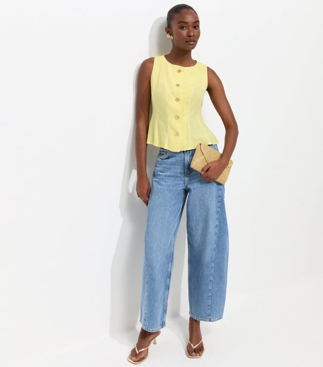 New Look Women's Light Yellow Linen Rich Gold Tone Button Waistcoat New Look - 3