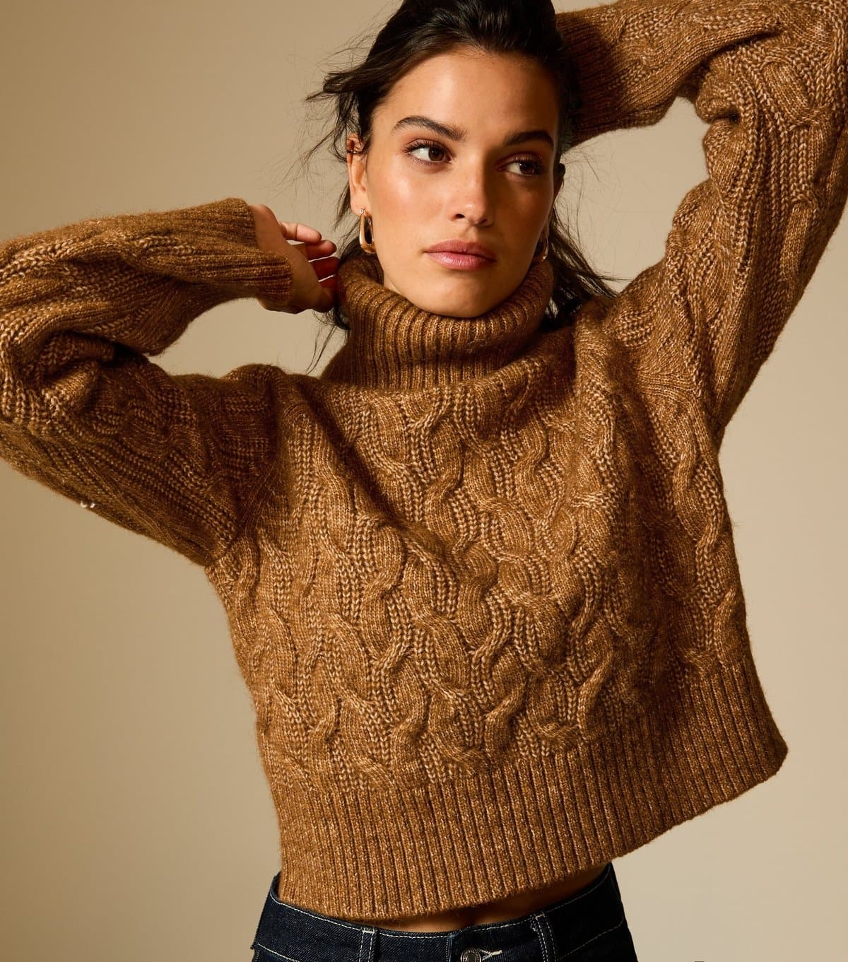 New Look New Look Tan Cable Knit Roll Neck Jumper