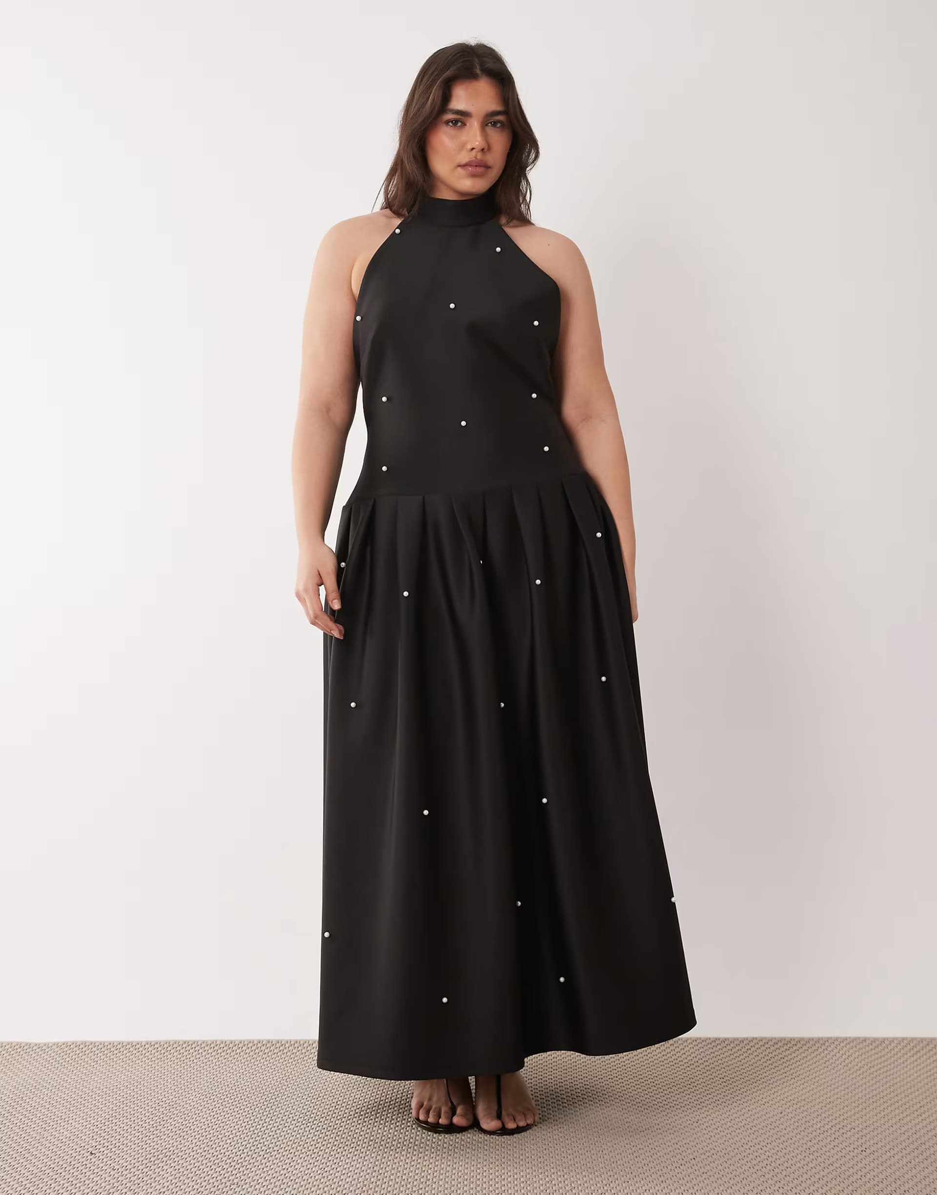ASOS ASOS DESIGN Curve Premium pearl embellished maxi dress with scarf detail in black scuba-style fabric