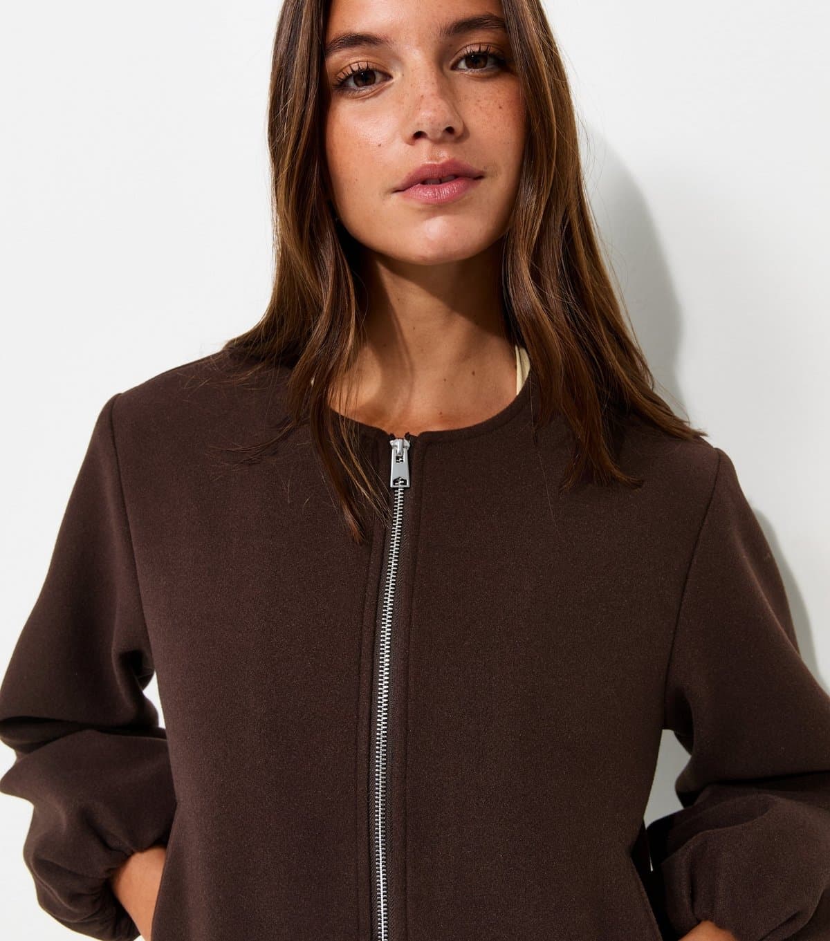New Look New Look Dark Brown Collarless Zip Through Bomber Jacket