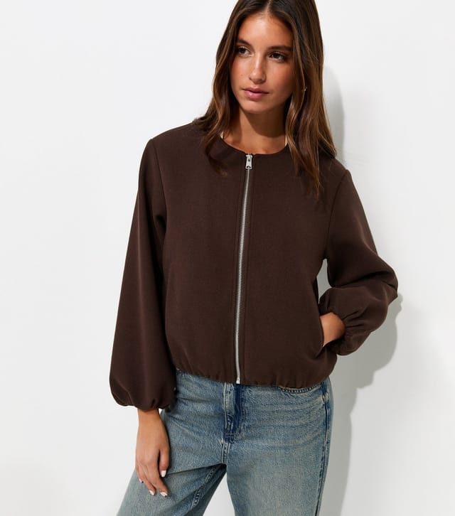 New Look Women's Dark Brown Collarless Zip Through Bomber Jacket New Look - 2