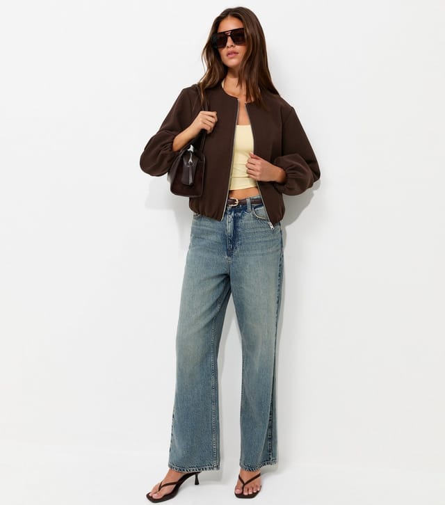New Look Women's Dark Brown Collarless Zip Through Bomber Jacket New Look - 3