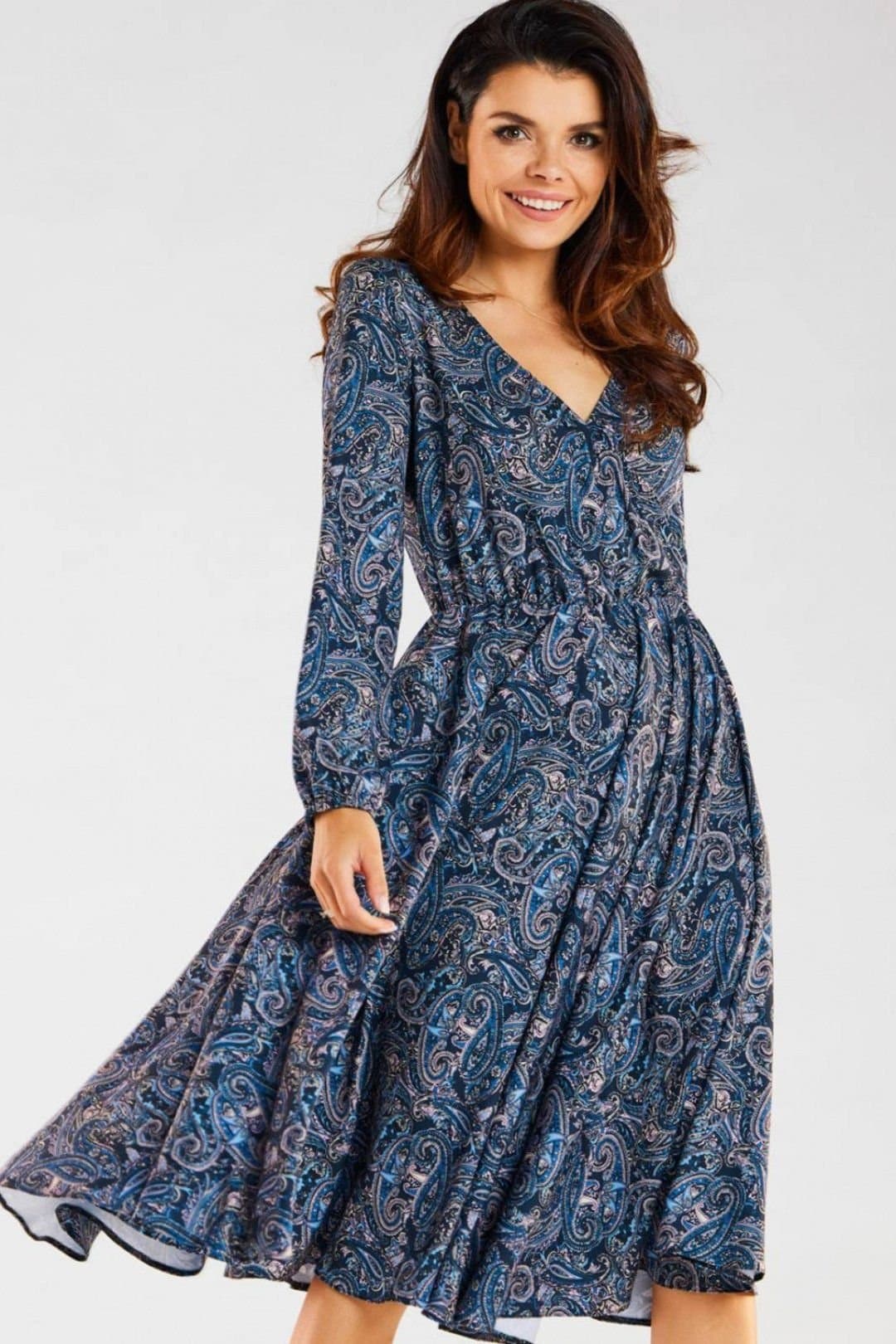 Love Lace Love Lace Women's Long Sleeve Envelope Neck Midi Dress Flared Hem in Blue