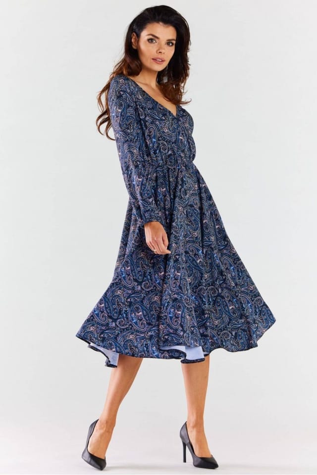 Love Lace Love Lace Women's Long Sleeve Envelope Neck Midi Dress Flared Hem in Blue - 2