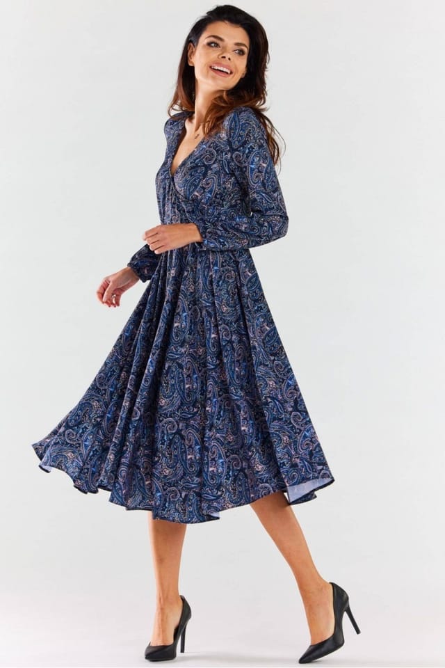 Love Lace Love Lace Women's Long Sleeve Envelope Neck Midi Dress Flared Hem in Blue - 3