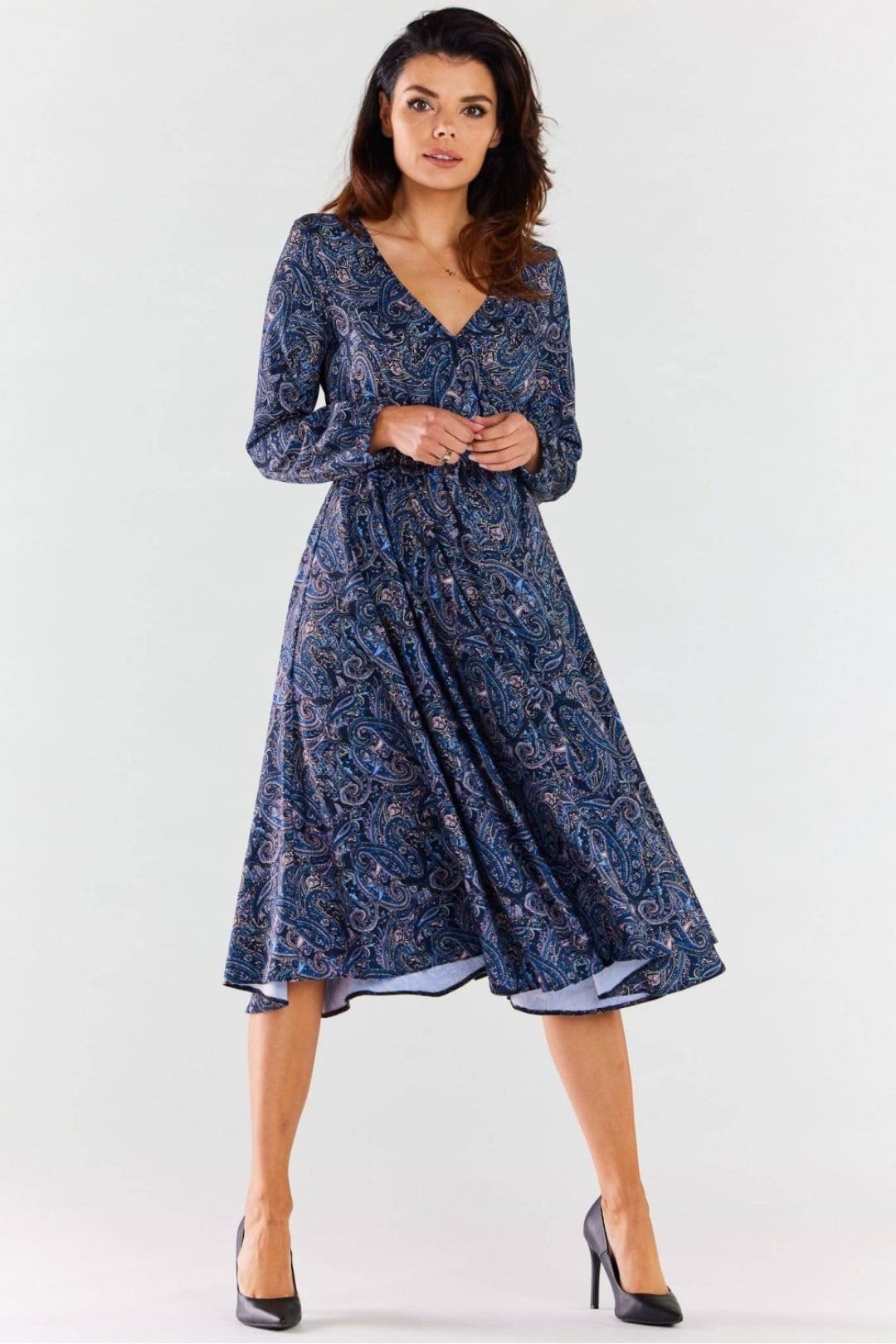 Love Lace Love Lace Women's Long Sleeve Envelope Neck Midi Dress Flared Hem in Blue - 4