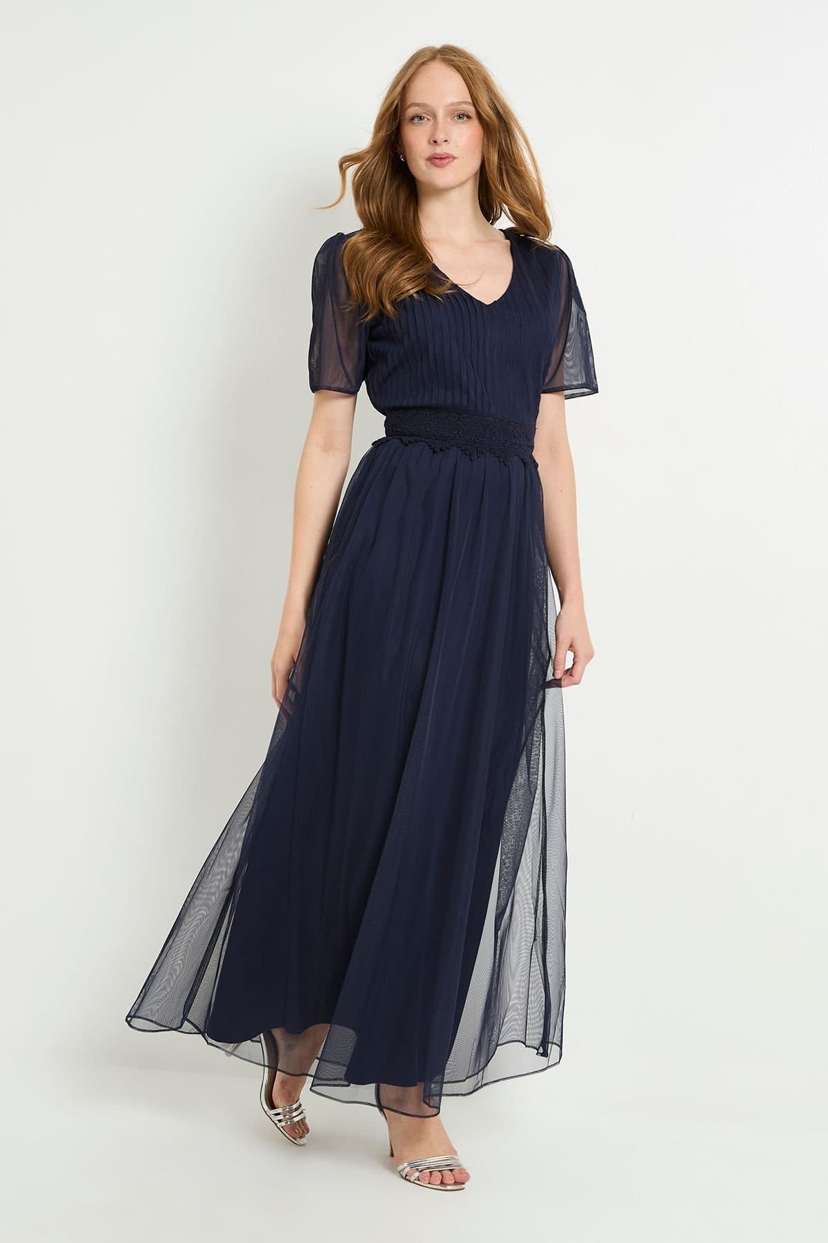 Wallis Wallis Women's Mesh Lace Trim Maxi Dress in Navy