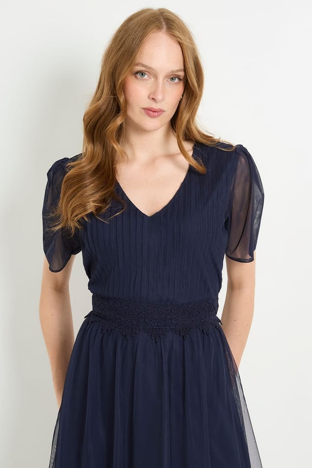 Wallis Wallis Women's Mesh Lace Trim Maxi Dress in Navy - 2